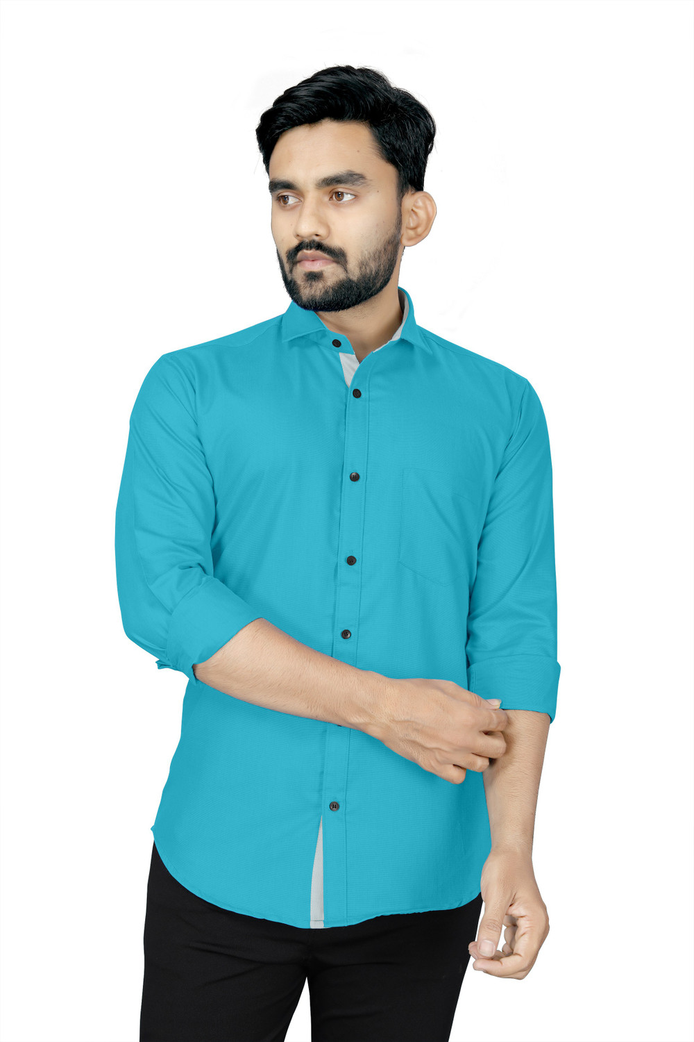 Image of Kuki Men Solid Formal Blue Shirt