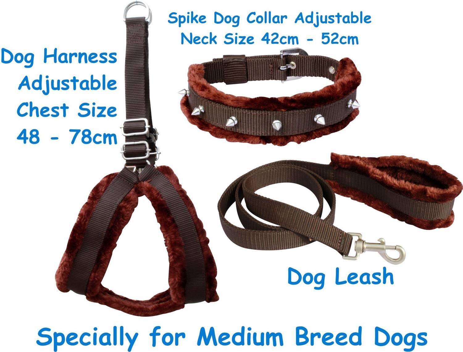 BODY BUILDING Dog Belt Combo of Spike Fur Padded BrownDog Harness with Dog Collar & Leash Specially for Medium Breeds Dog Harness & Leash