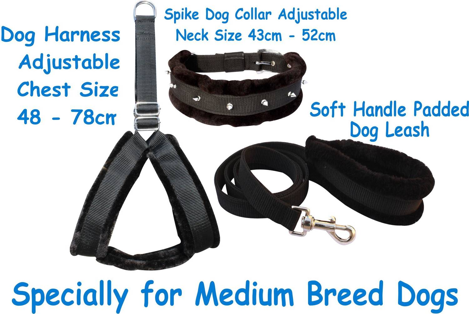 BODY BUILDING Dog Belt Combo of 1 inch Spike Fur Padded Black Dog Harness with Dog Collar & Leash Specially for Medium Breed Dog Harness & Leash