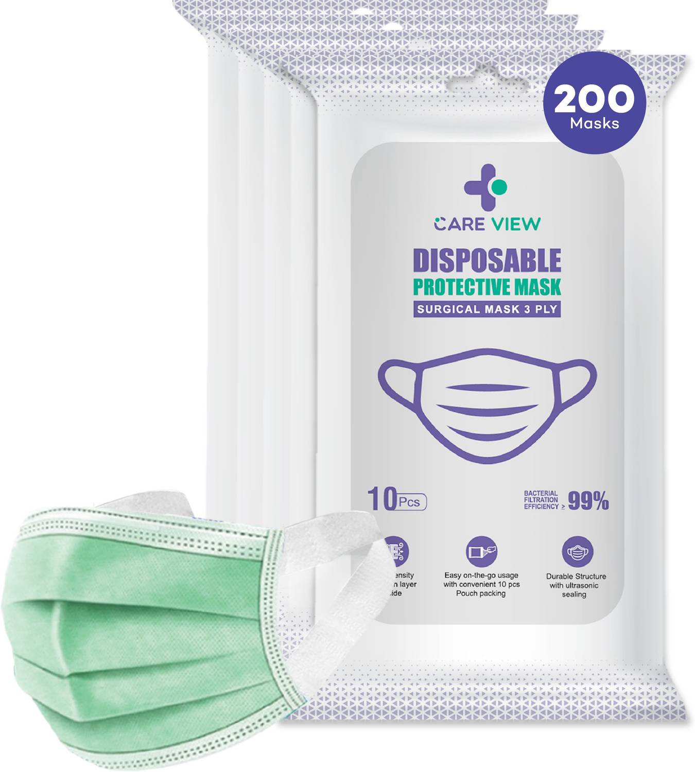 careview 3 Ply Face Mask Pouch with SOFT FABRIC Earloop (Green,200) Green Soft Fabric Pouch Surgical Mask With Melt Blown Fabric Layer