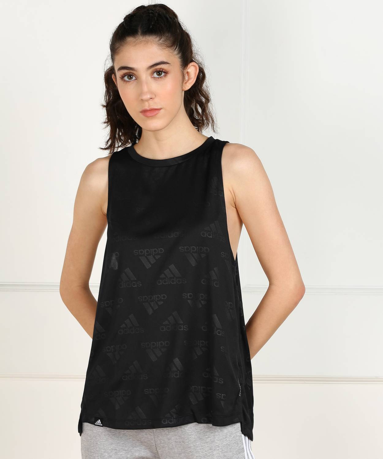 ADIDAS Casual Sleeveless Printed Women Black Top