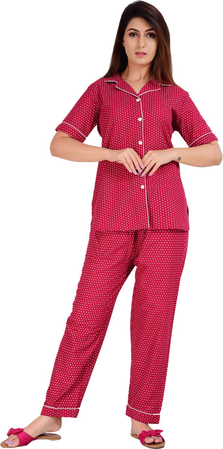 MEWEAR Women Printed Maroon Shirt & Pyjama set