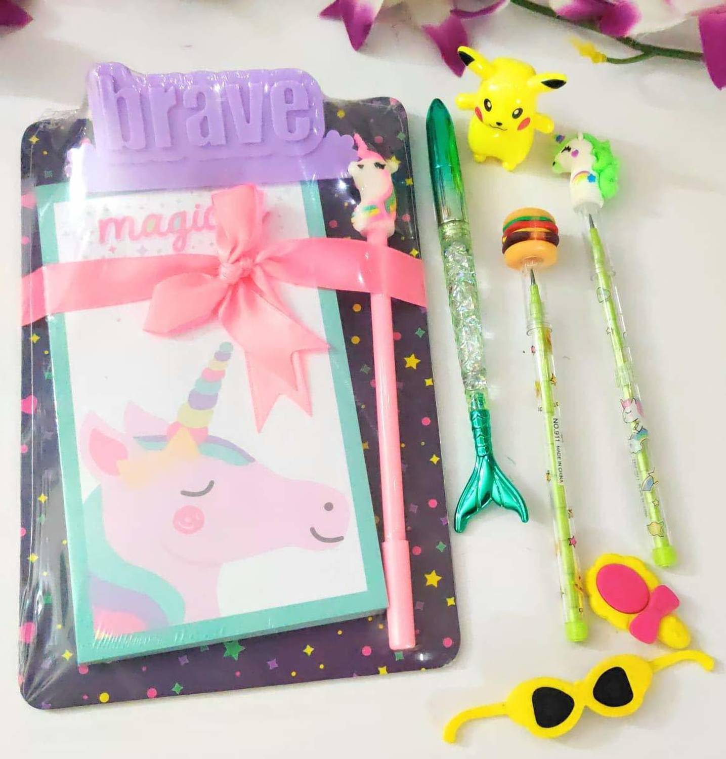 13House Kids (Pack of 6 Items) Unicorn Cardboard ,Unicorn Pencil, Burger Cola Pencil,Eraser For Girls/Mermaid Gel Pen For Kids Multicolor