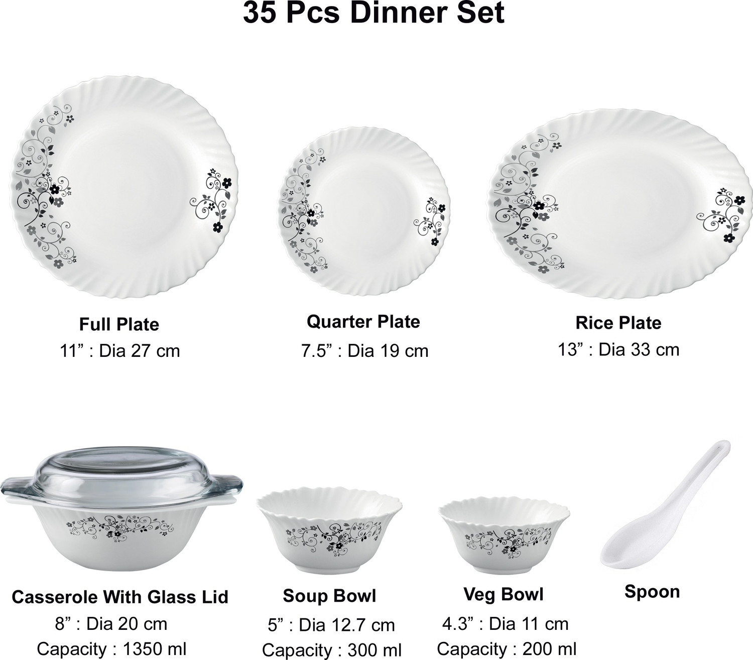 Image of LAOPALA Pack of 35 Opalware Diva Classique MB Full plate 11 inch(6 pcs) || Quarter plate 7.5 inch(6 pcs) || Oval platter13 inch(1 Pcs) || Casserole with Glass Lid (2 Pcs) || Veg bowl (6 Pcs) || Soup Bowl (6 pcs) || Spoon (6 pcs) Dinner Set