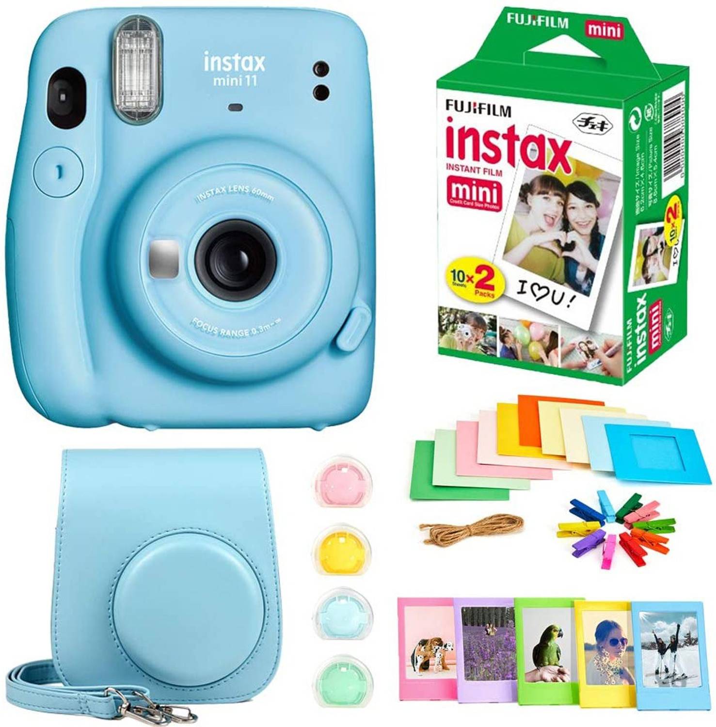 FUJIFILM instax mini 11 Instax Mini 11 Blue with 10×2 Film + Hanging Frames + Plastic Frames + Case + Close Up Filters Instant Camera Price in…