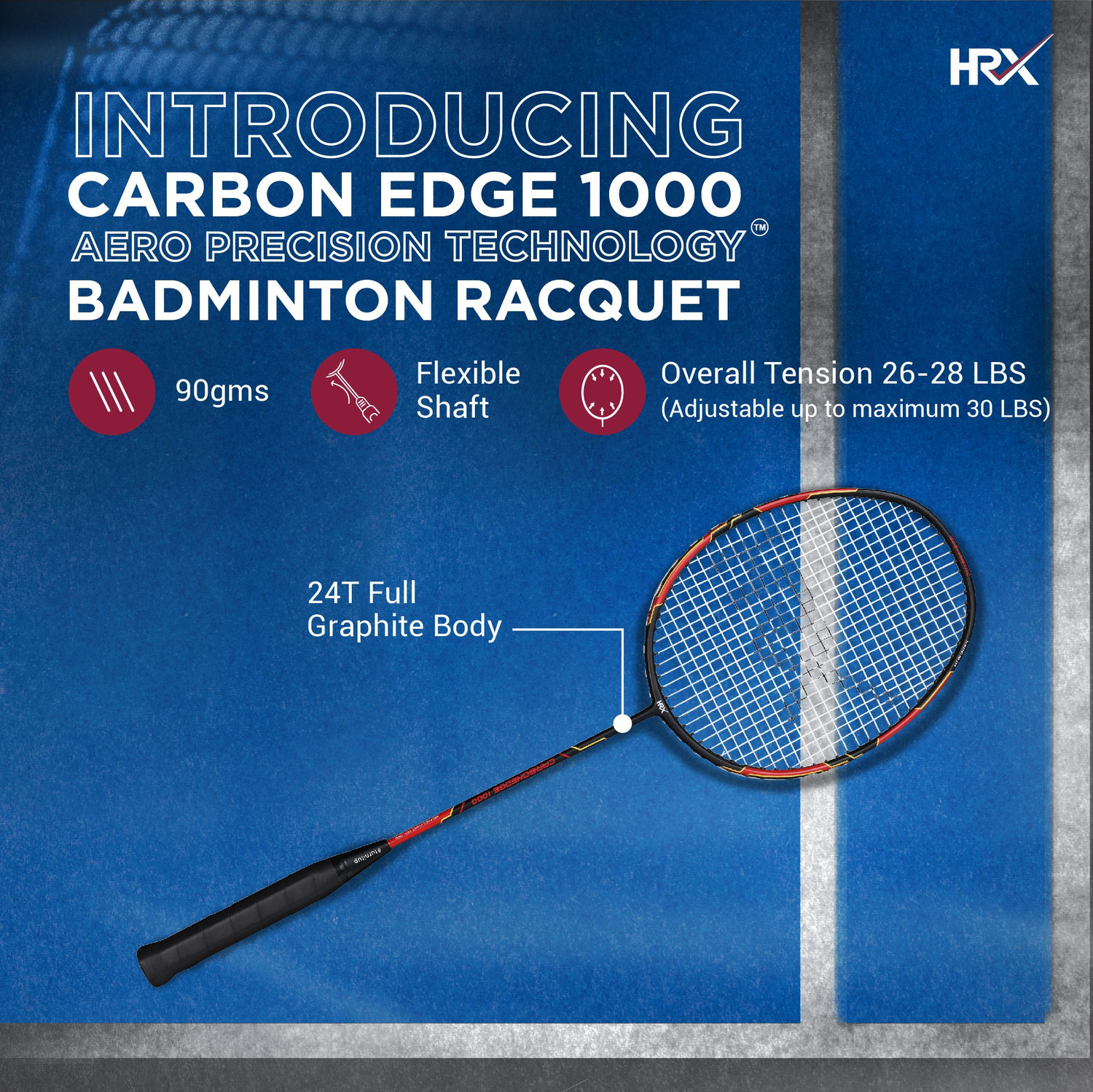 Image of HRX Carbon Edge 1000 Red, Black Strung Badminton Racquet