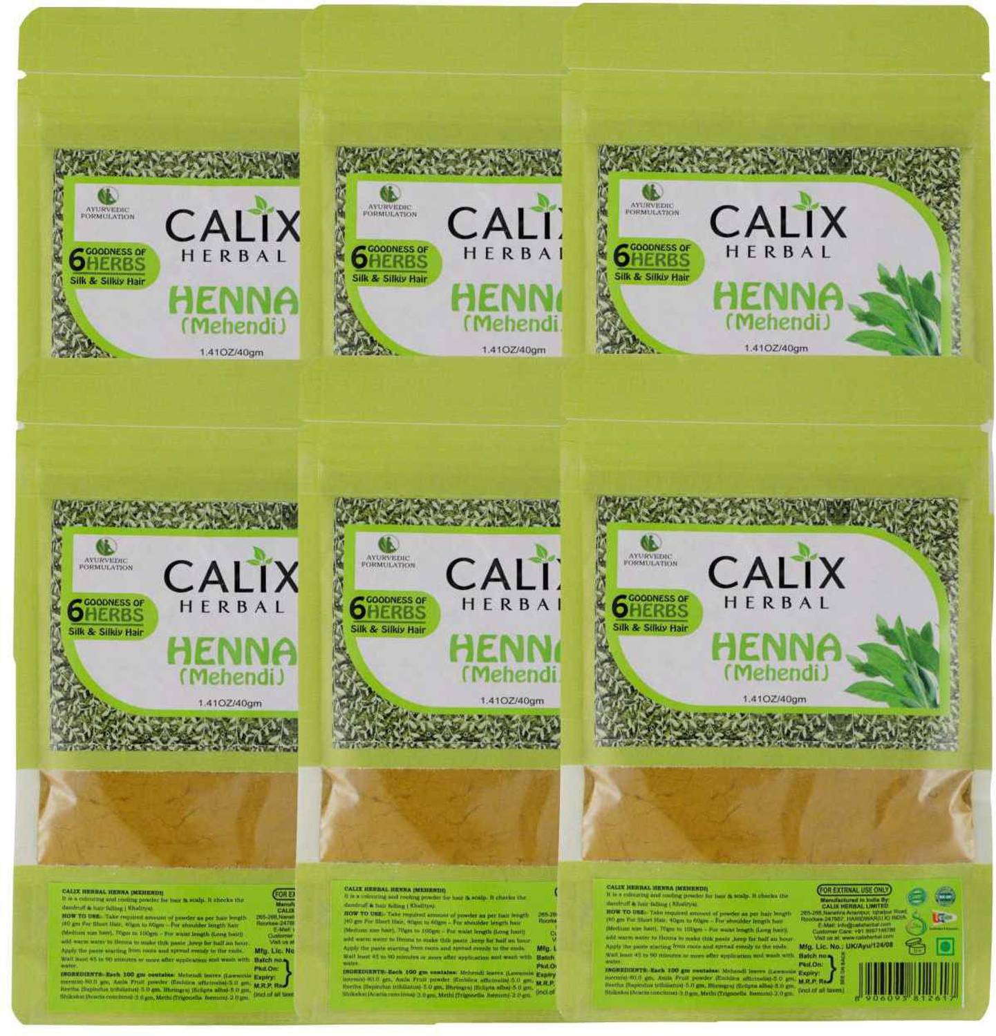 calix Herbal Organic & Ayurvedic Henna (Mehendi) Powder For Hair Care | Natural Solution For Long, Healthy & Strong Hair - Smooth & Adds Shine For Men & Women All Hair Type – 40 Gm (Pack of 6)