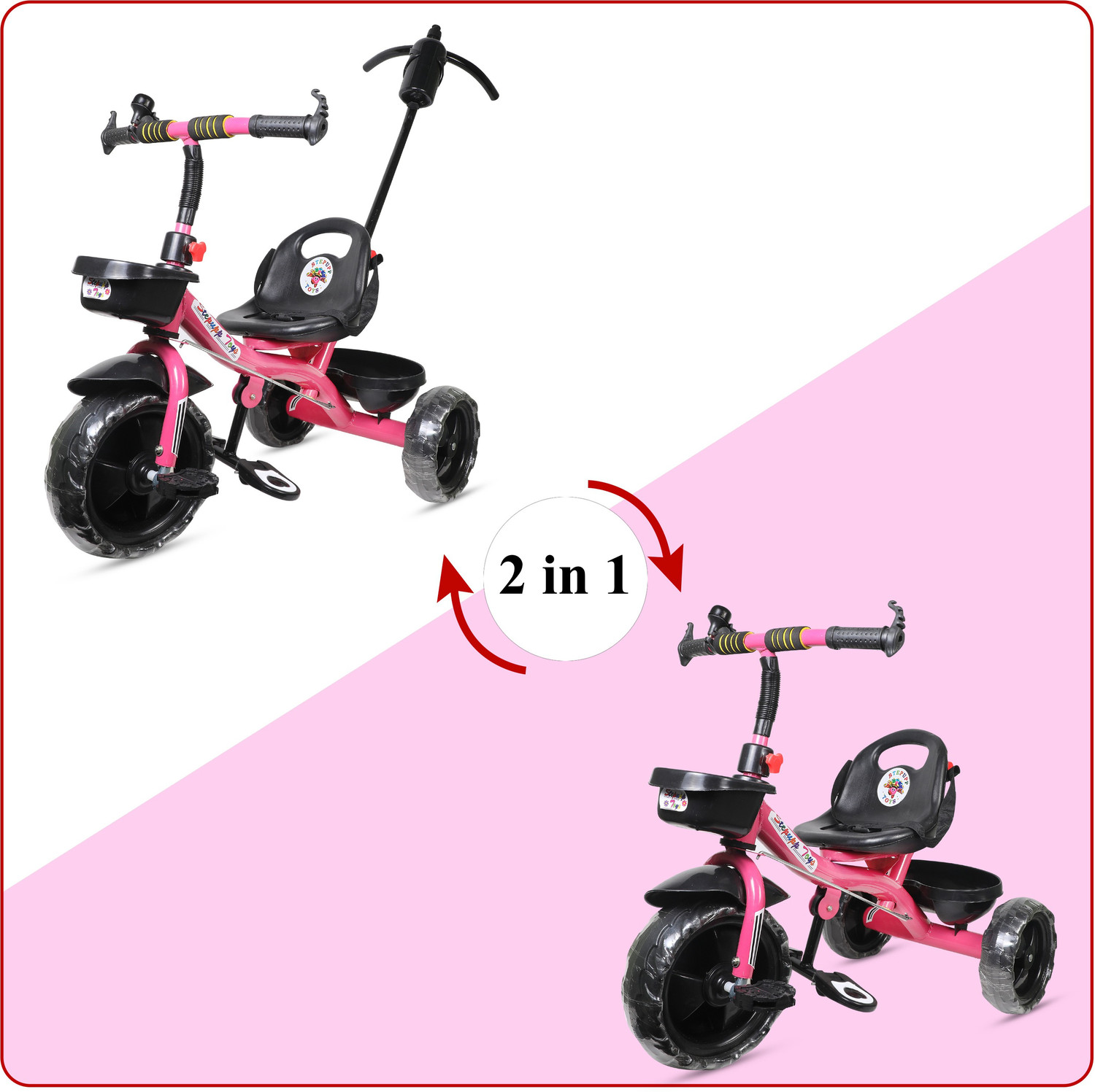 Image of Kayoksh KY PINK HANDLE FRONT AND BACK BASKET FOR KIDS AND CHILDREN-13 Tricycle