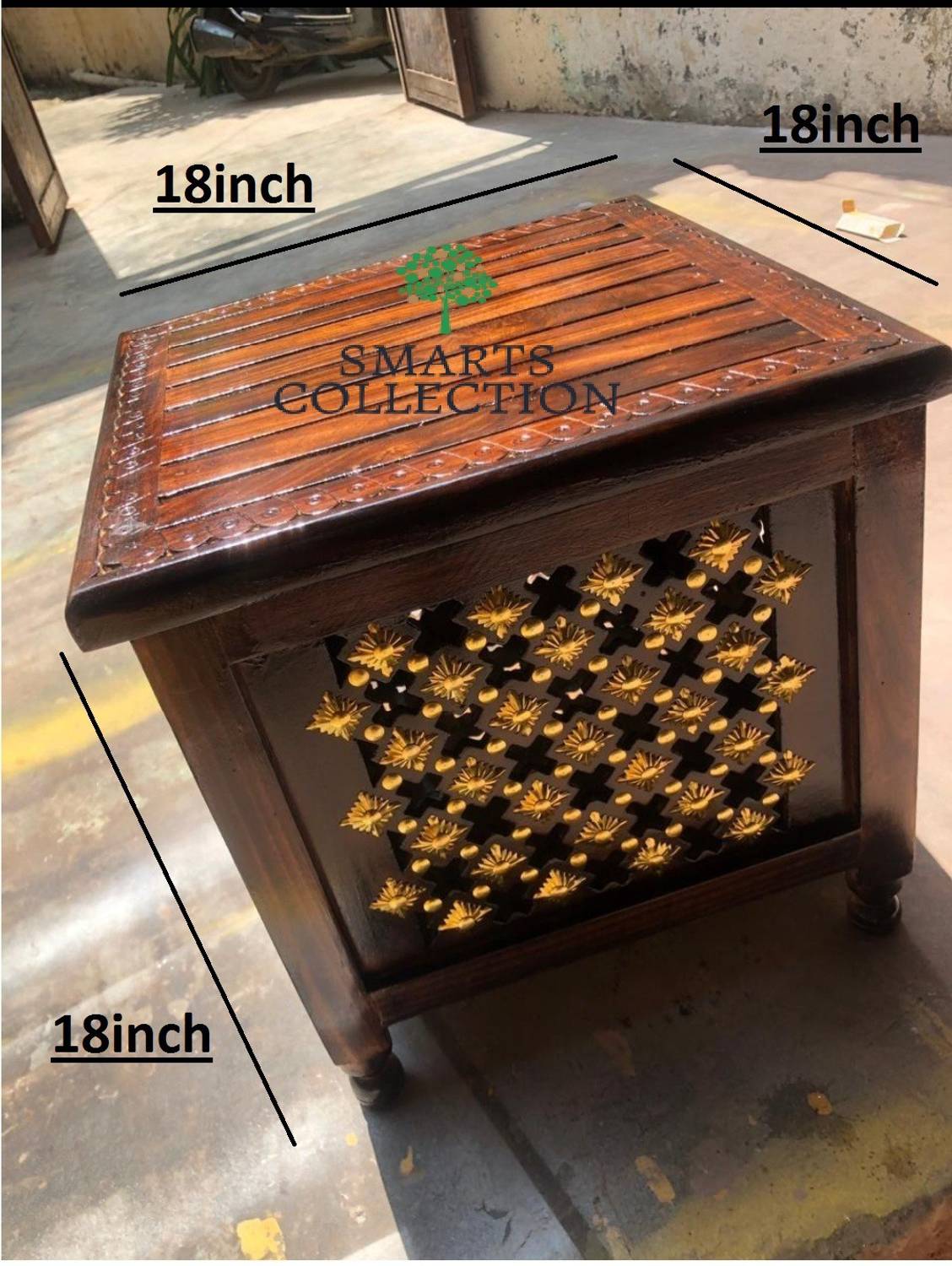 Smarts collection Beautiful Antique Wooden Stool with Brass Cutti