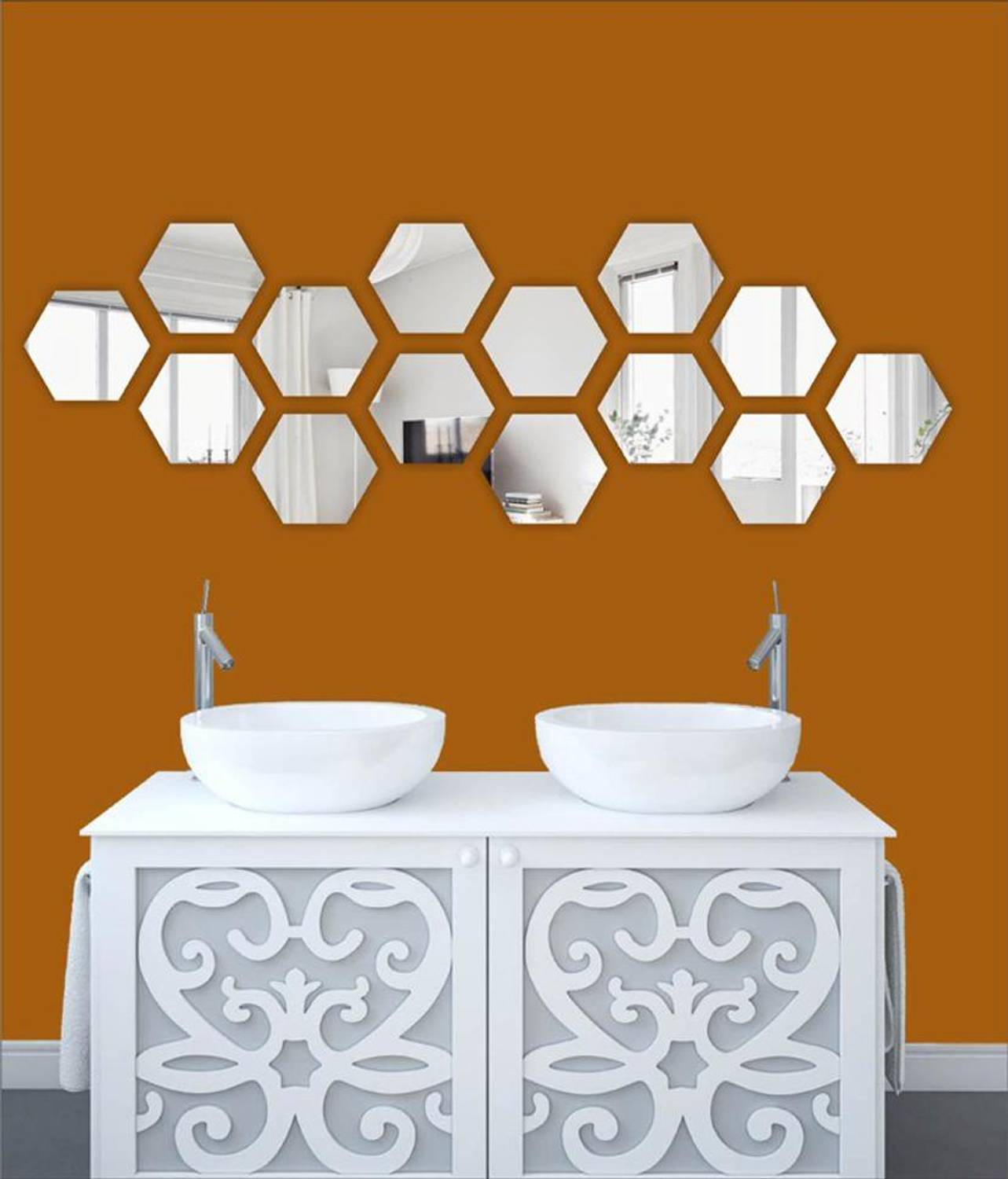 Bikri Kendra 151 cm 14 Hexagon silver 3D Mirror Wall Stickers Decorative Acrylic Stickers Self Adhesive Sticker