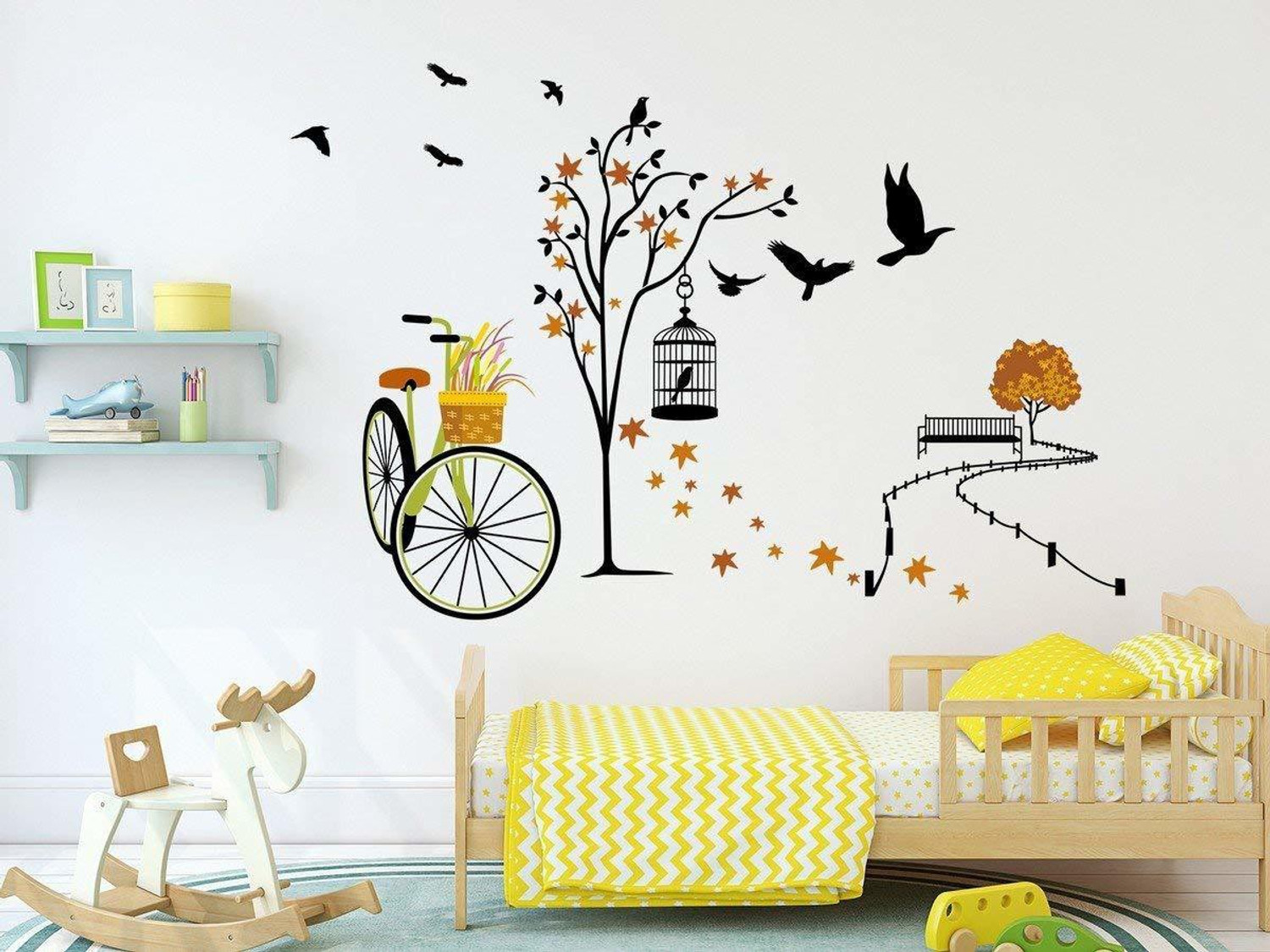 Image of Asmi Collections 135 cm Beautiful Tree Cycle and Birds in Autumn Wall sticker Self Adhesive Sticker