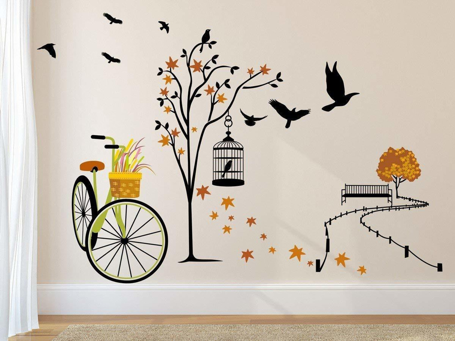 Image of Asmi Collections 135 cm Beautiful Tree Cycle and Birds in Autumn Wall sticker Self Adhesive Sticker
