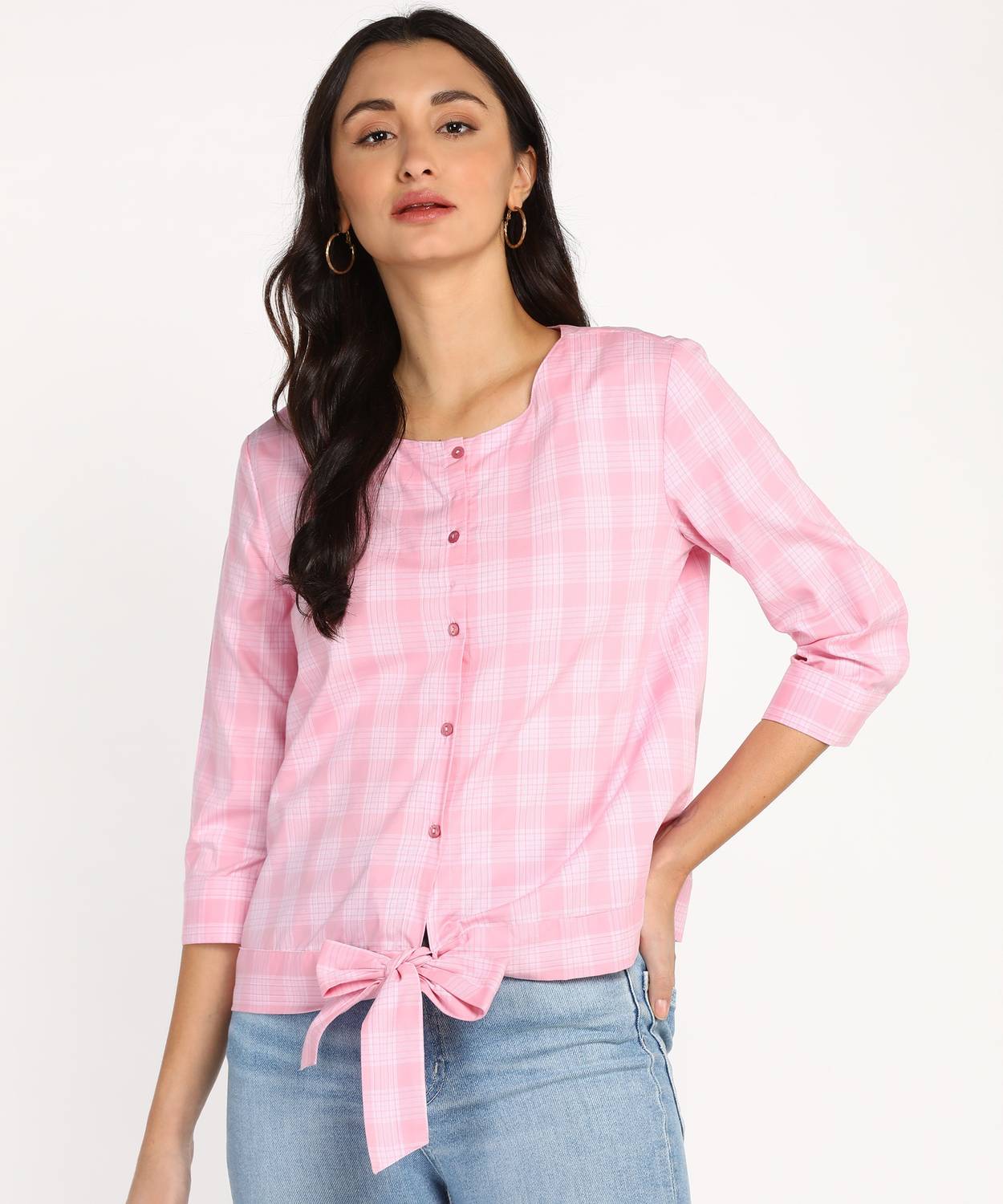 abof by Aditya Birla Casual 3/4 Sleeve Checkered Women Multicolor Top