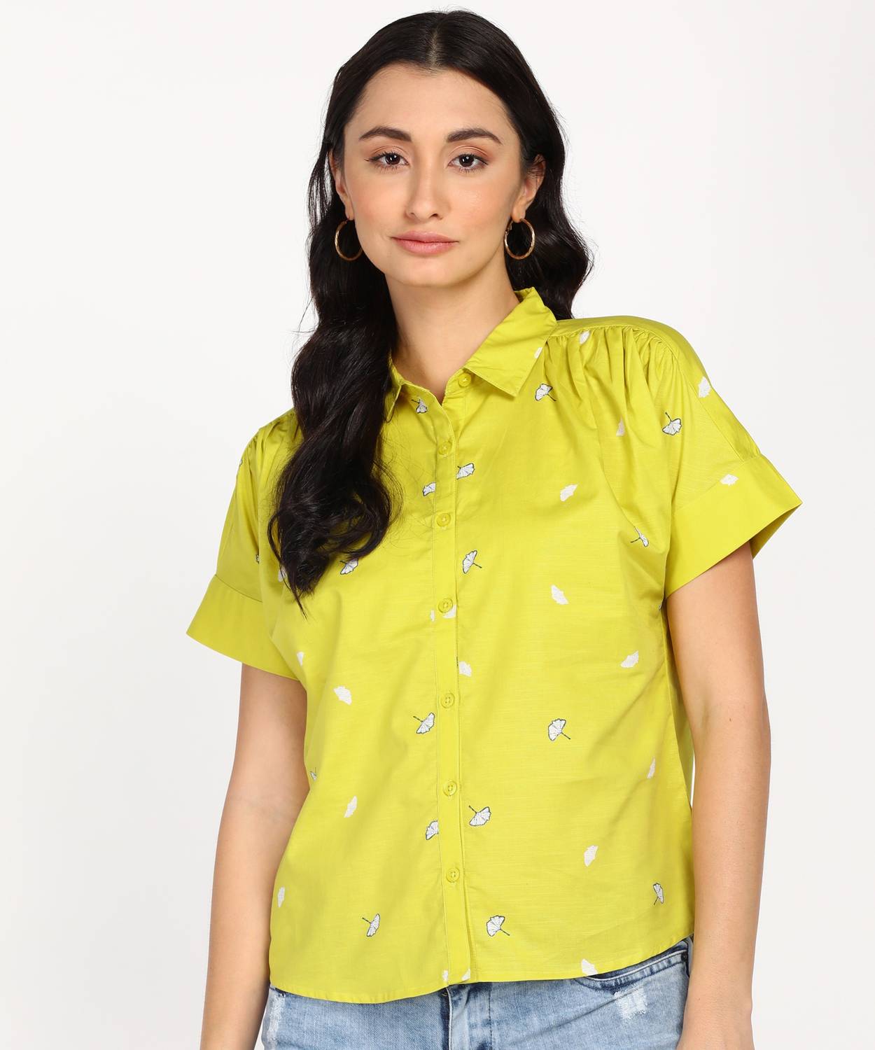 abof by Aditya Birla Casual Short Sleeve Floral Print Women White, Light Green Top