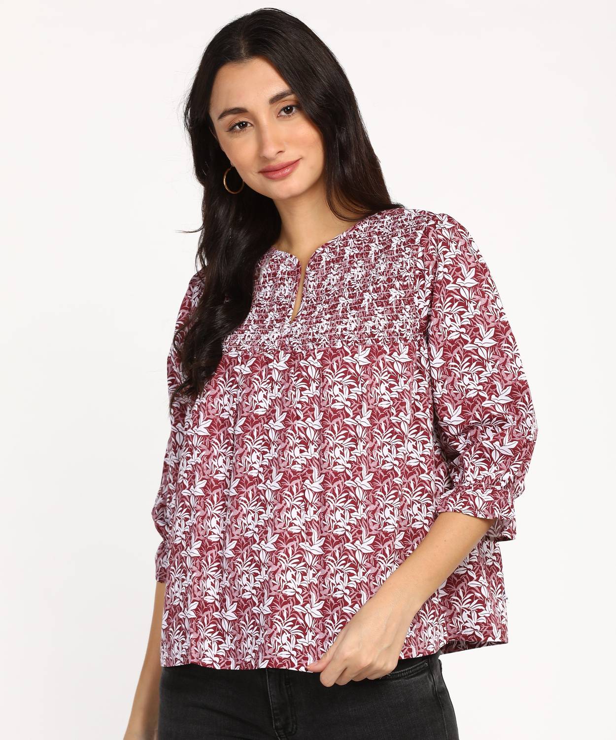 abof by Aditya Birla Casual 3/4 Sleeve Floral Print Women White, Maroon Top