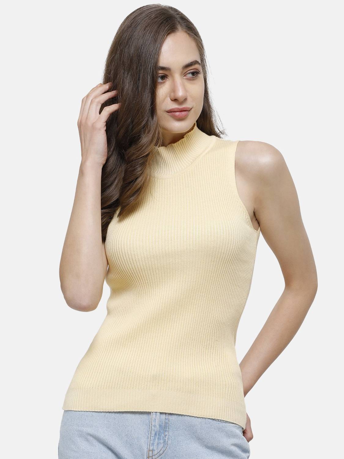 98 Degree North Self Design High Neck Casual Women Yellow Sweater