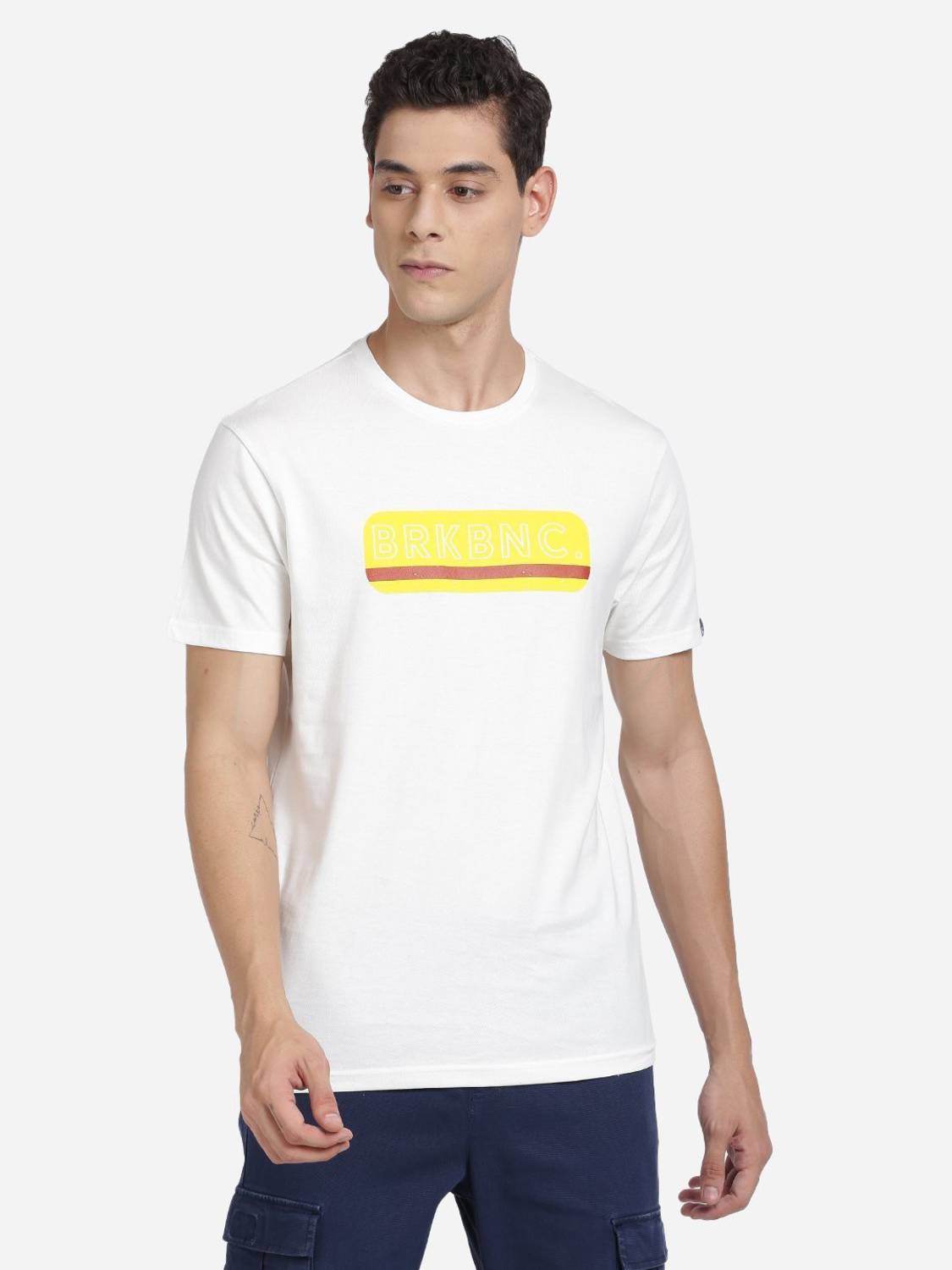 BREAKBOUNCE Printed Men Round Neck White T-Shirt