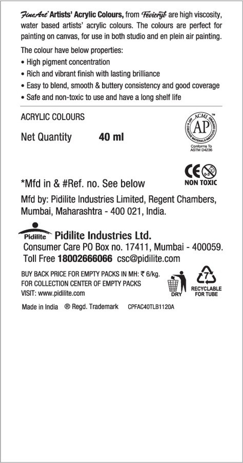 Image of Fine Art Artists Water Based Acrylic Colour Tube 100 ml