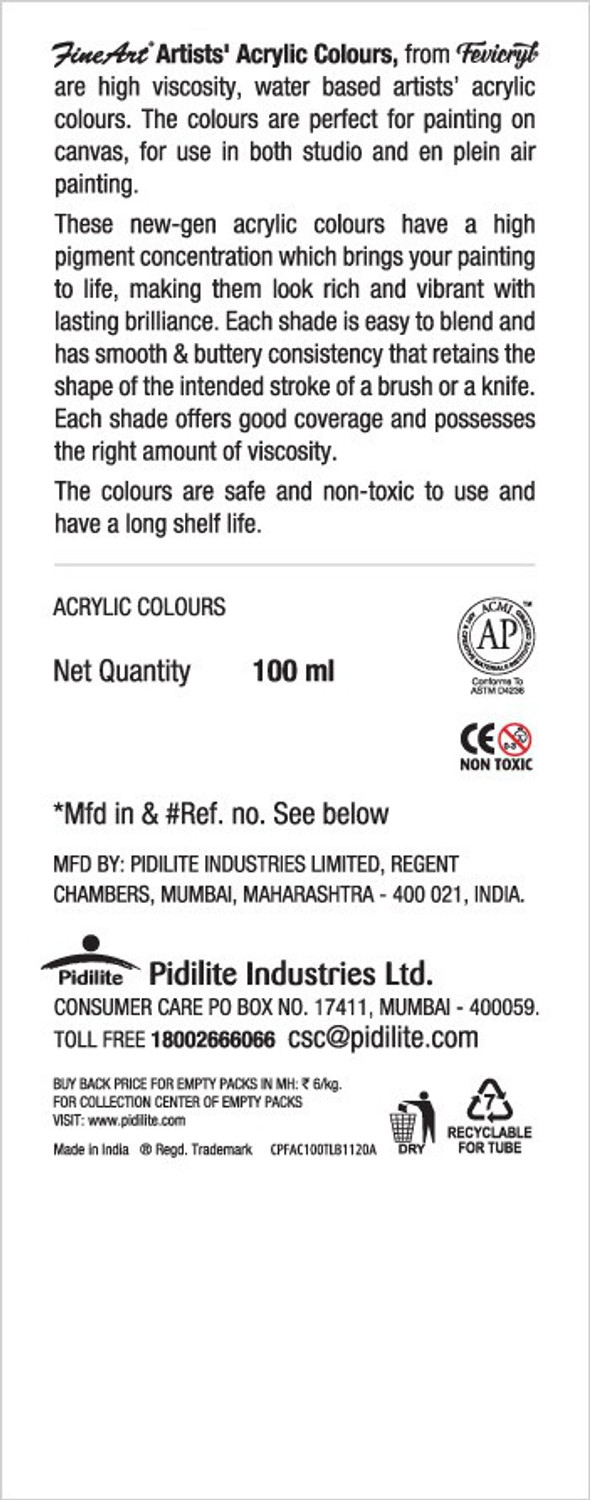 Image of Fine Art Artists Water Based Acrylic Colour Tube 100 ml