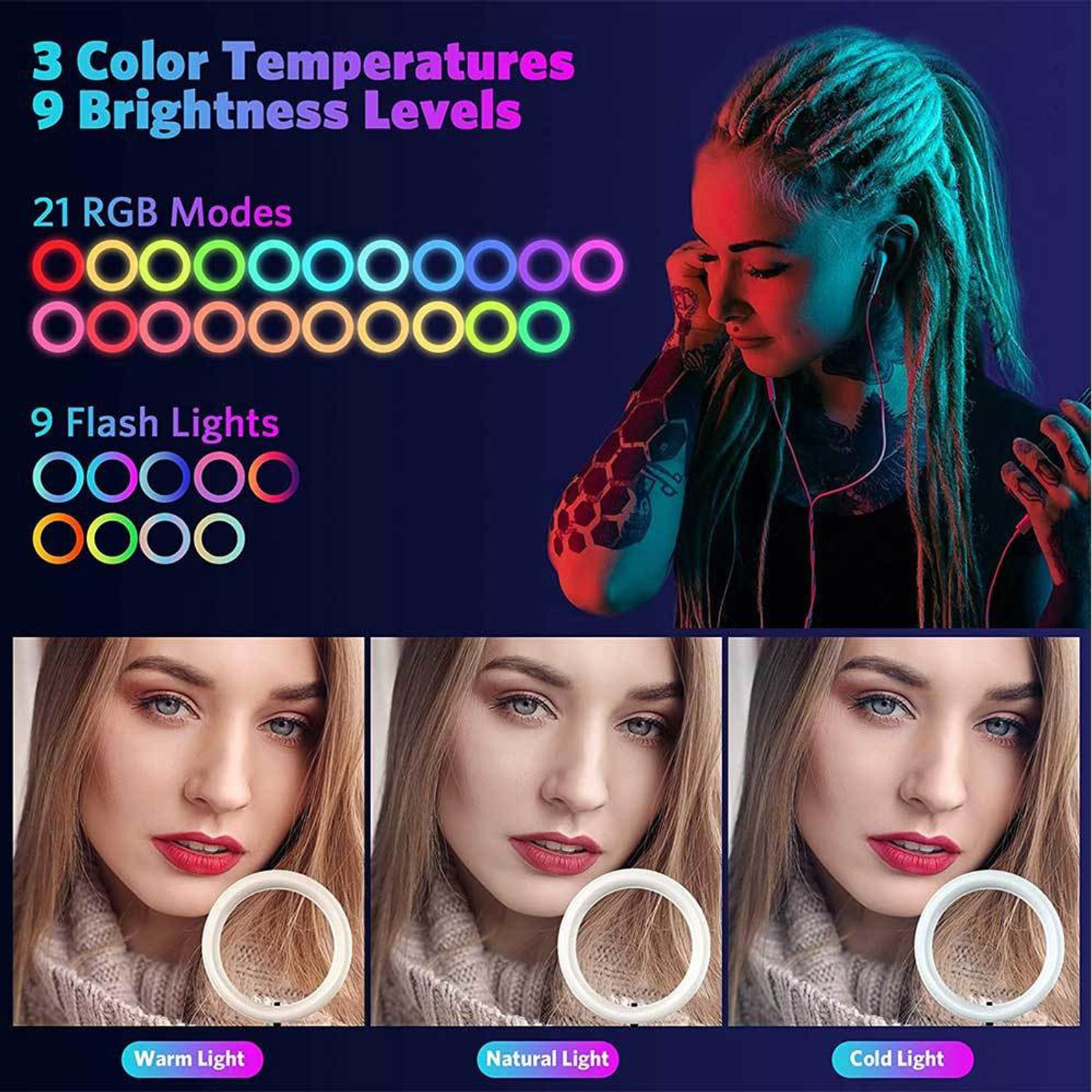 Image of Wrapo RGB Ring Light with 7 Feet Tripod Stand and Phone Holder Dimmable Ring Flash