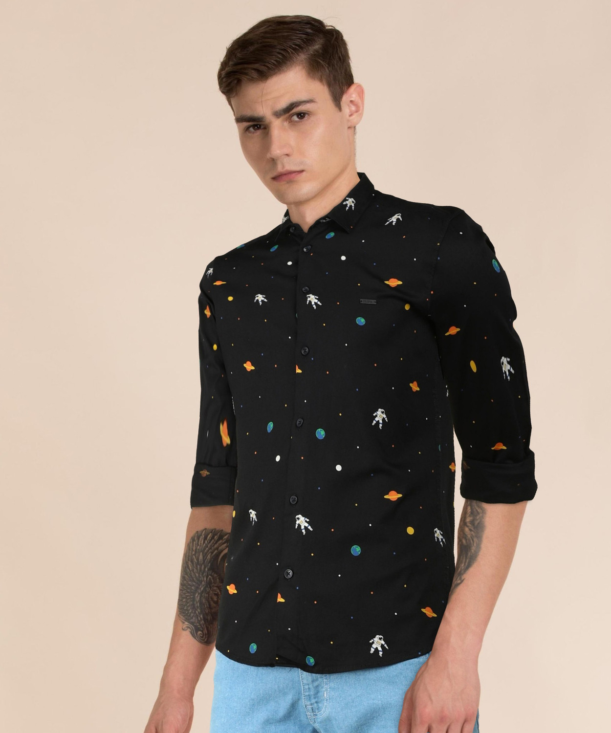 Image of The Indian Garage Co. Men Printed Casual Black Shirt