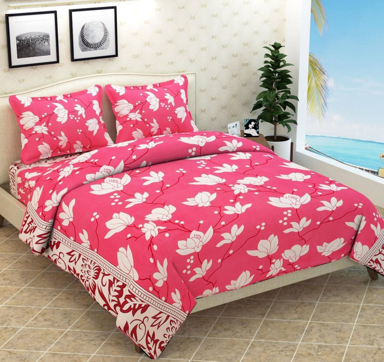 Axosoft Polycotton Double Flat 600 TC Floral 1 Bedsheet with 2 Pi