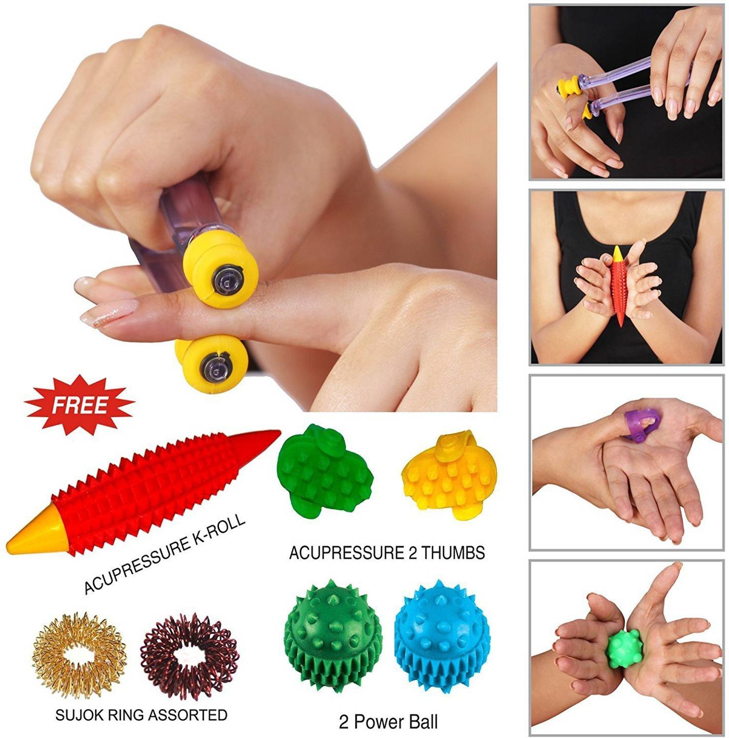Acs 6540 Acupressure Finger Care Massager Sujok Rings Power Balls-Power Thumbs-Reflexology Chart For Hand/Feet Massager