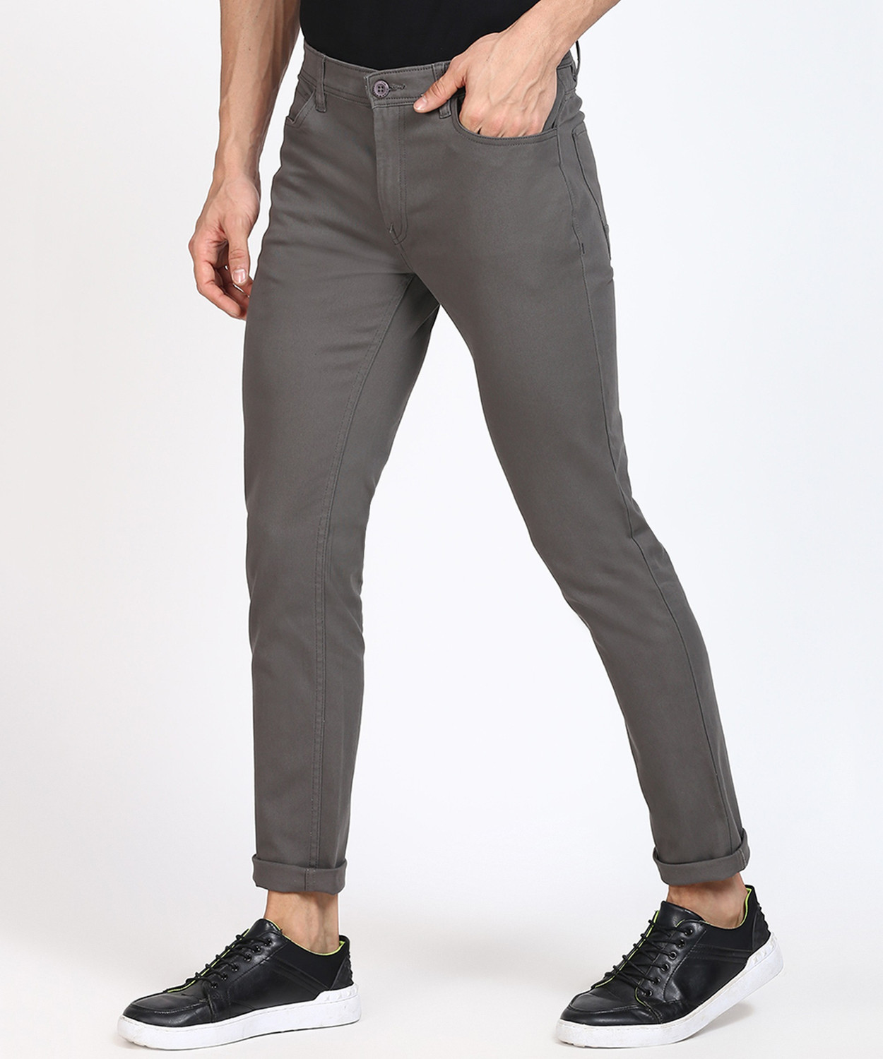 Image of The Indian Garage Co. Slim Fit Men Grey Trousers