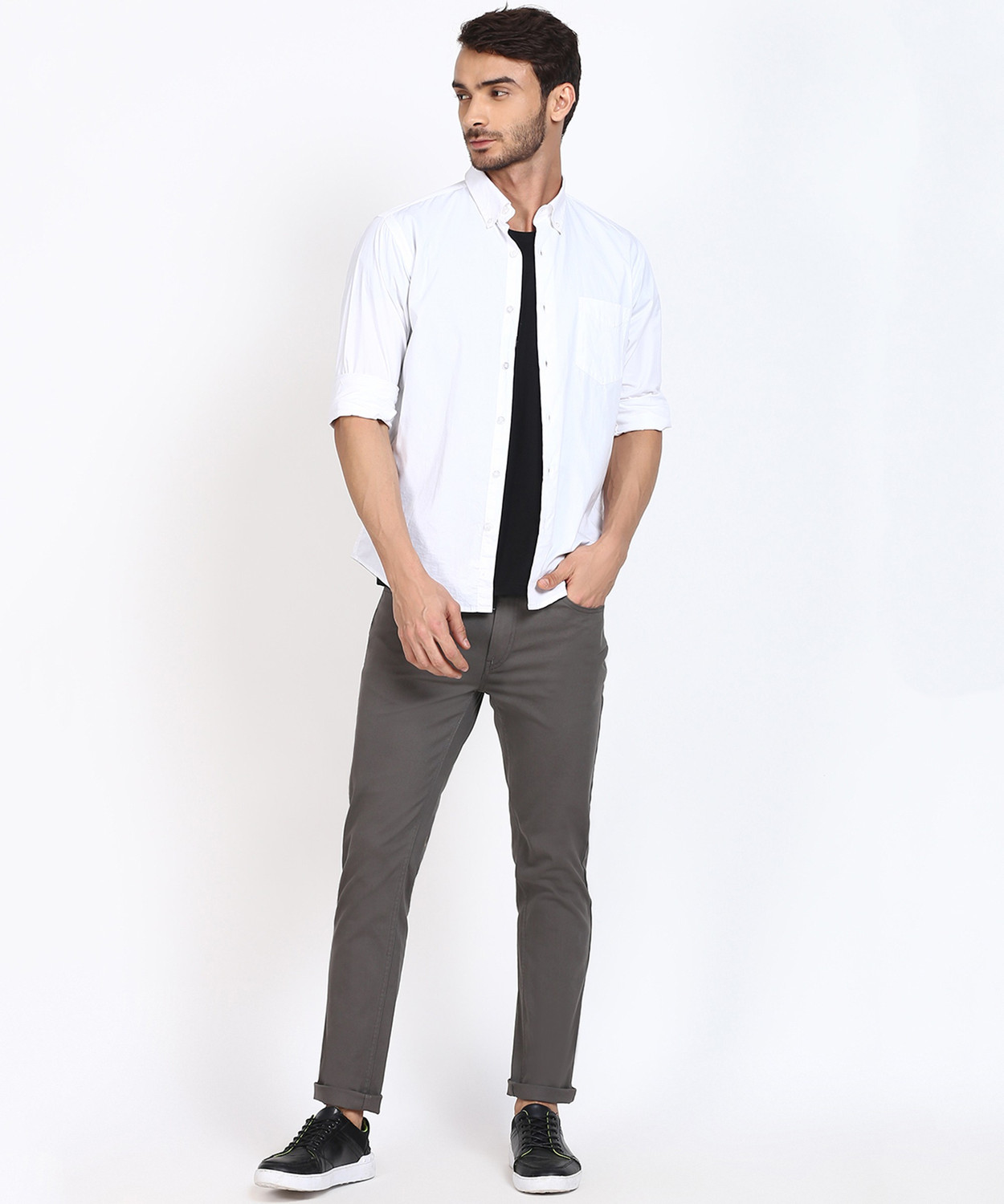 Image of The Indian Garage Co. Slim Fit Men Grey Trousers