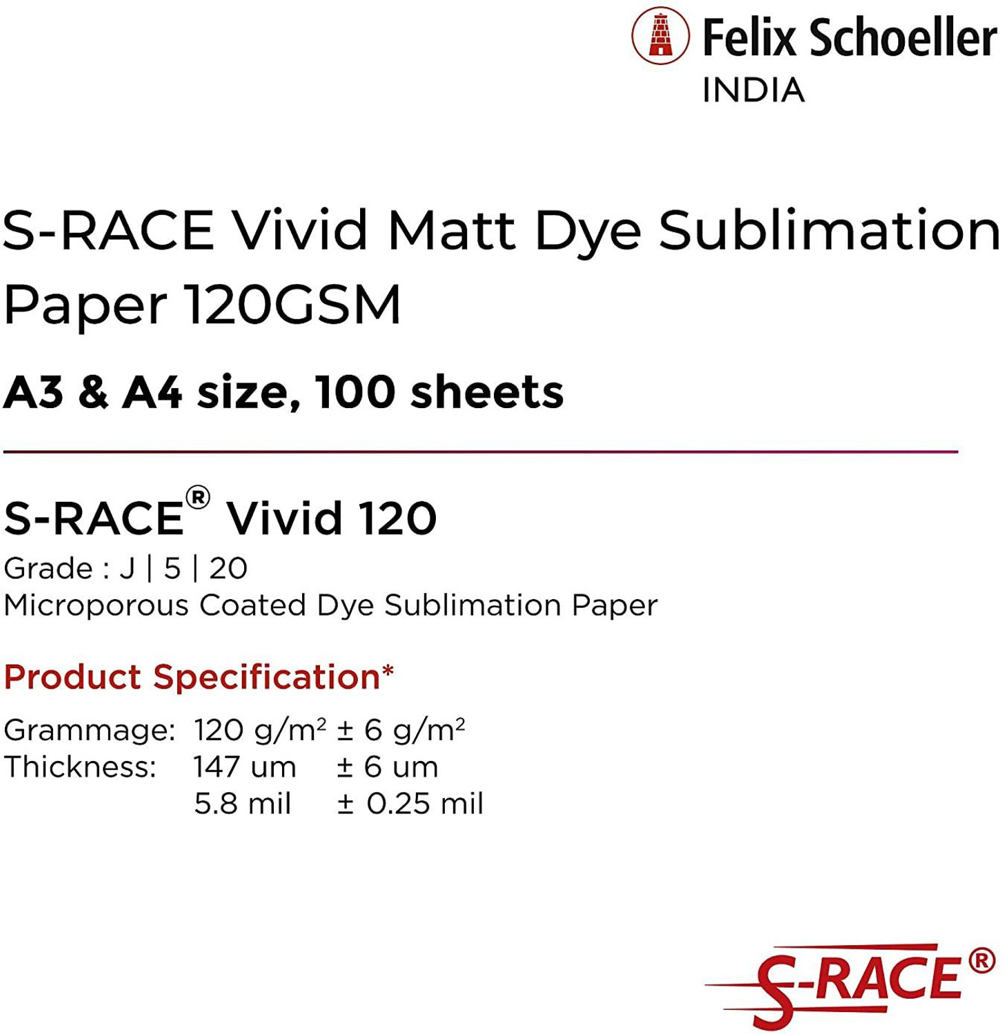 Image of S-RACE Vivid Dye Sublimation Paper 120GSM (A4 size, 100 sheets, 210x297mm) Dye Sublimation Paper A4 120 gsm Sublimation Mug Printing Paper