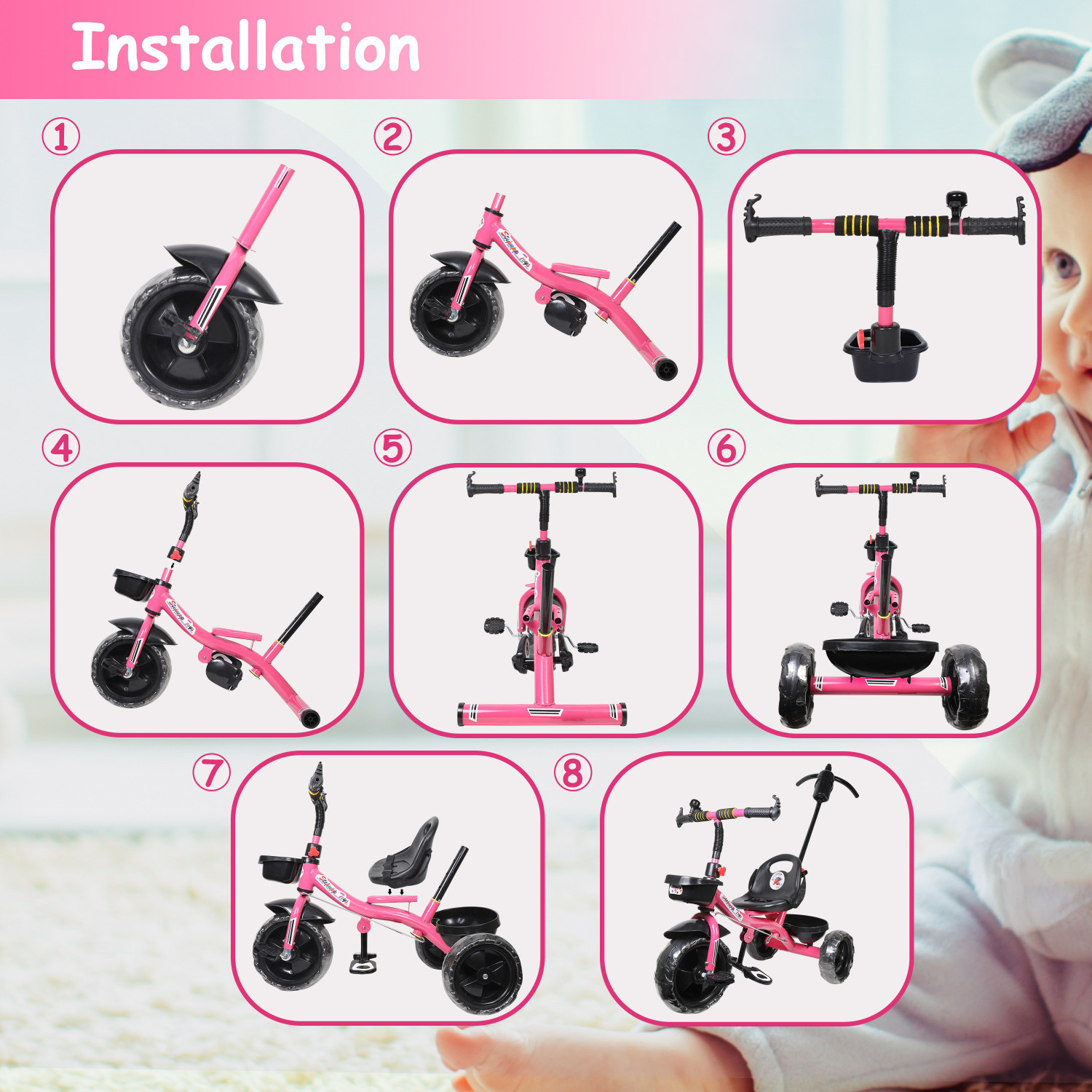 Image of Kayoksh KY PINK HANDLE FRONT AND BACK BASKET FOR KIDS AND CHILDREN-13 Tricycle