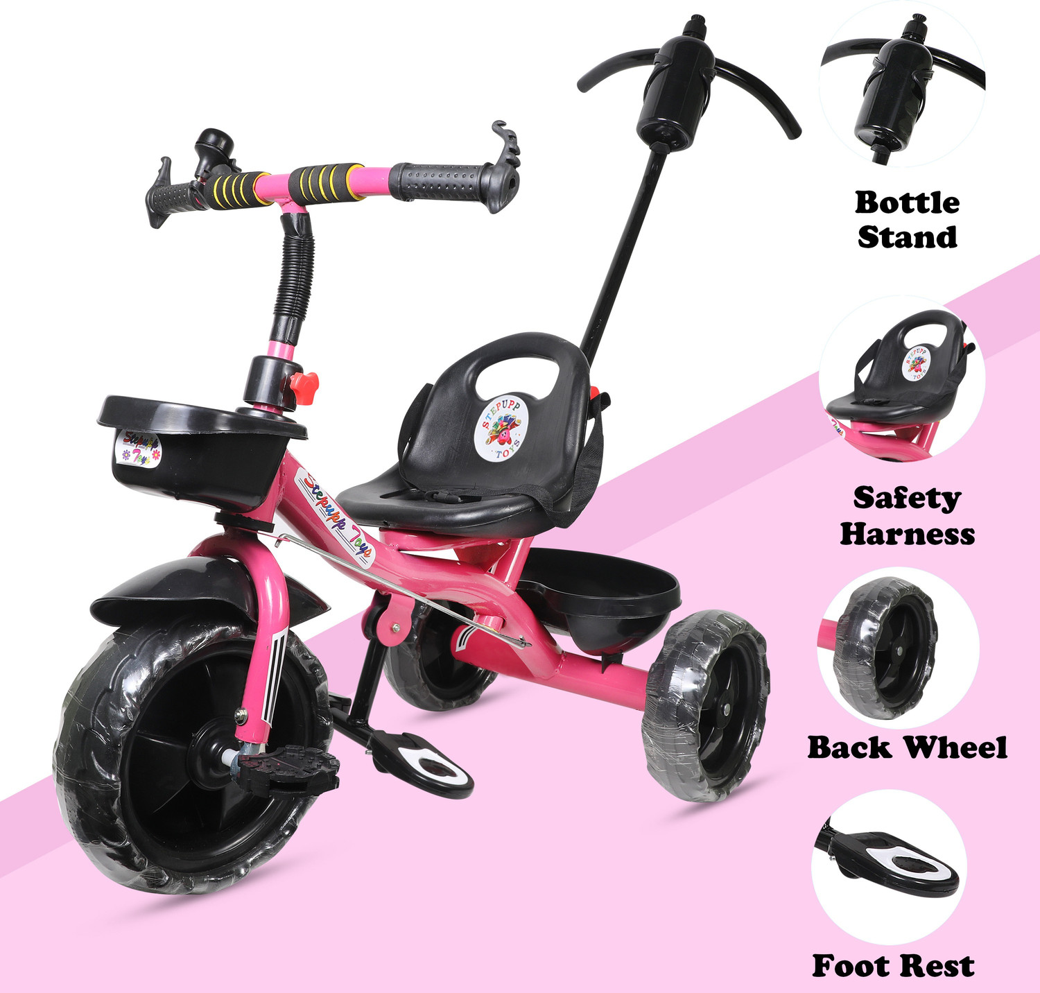 Image of Kayoksh KY PINK HANDLE FRONT AND BACK BASKET FOR KIDS AND CHILDREN-13 Tricycle