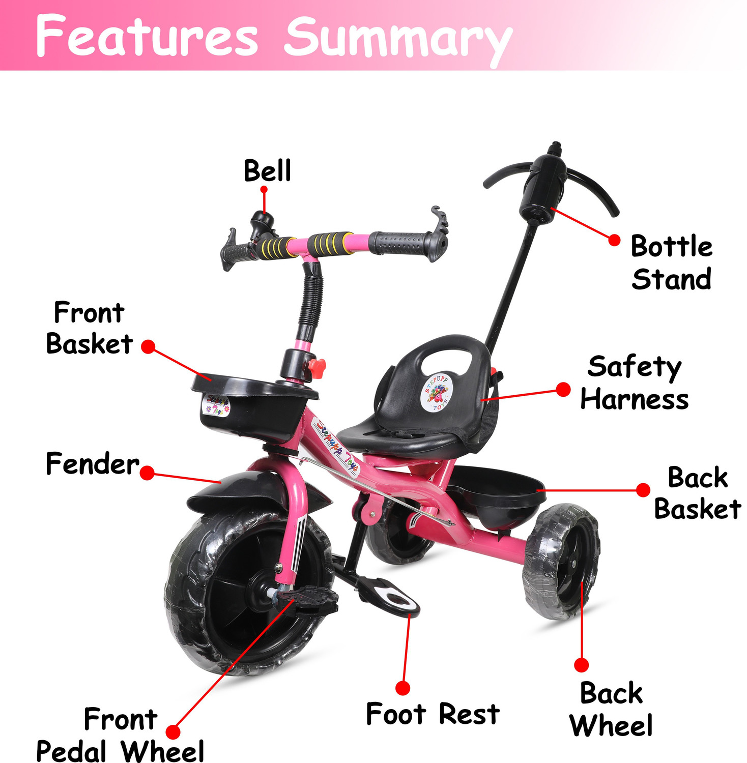 Image of Kayoksh KY PINK HANDLE FRONT AND BACK BASKET FOR KIDS AND CHILDREN-13 Tricycle
