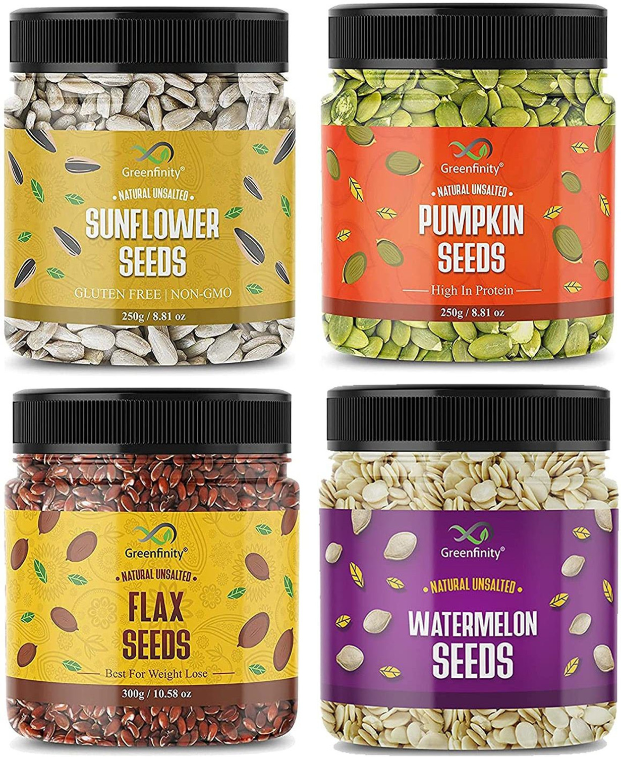 Image of Greenfinity Raw Pumpkin - 250g, Sunflower - 250g, Watermelon Seeds - 250g, Flax Seeds - 300g Pumpkin Seeds, Sunflower Seeds, Roasted Flax Seeds, Watermelon Seeds