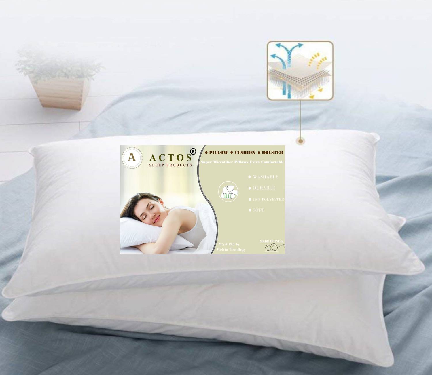 ACTOS Microbeads Sleeping Pillow Pack of 2 Solid