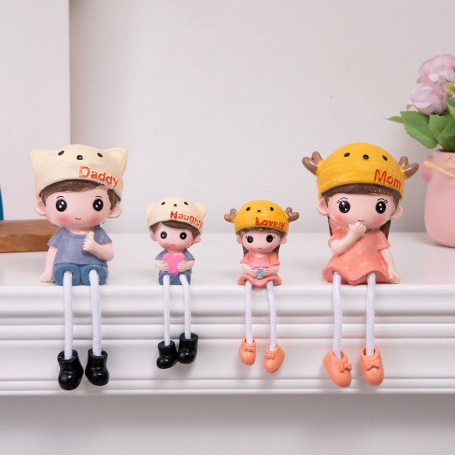 Black horse creation Handcrafted Decorative Showpiece - 18cm (Polyresin, Multicolor) | resin |Latku Family Dad Girl Boy Mom Polyresin Hanging Legs Showpiece (Pair) | Cute Romantic Hanging Legs Showpiece Dolls (4 PCS Set) for Home Decor. Very Nice Gift Item Decorative Showpiece Decorative Showpiece - 18 cm