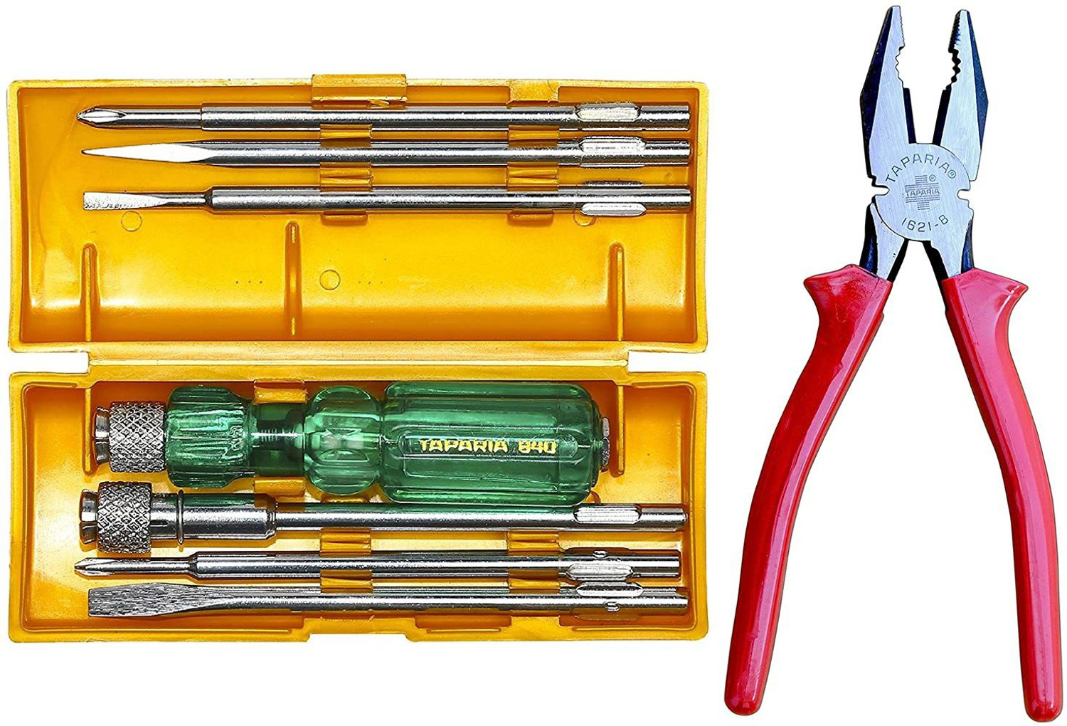 Image of TAPARIA TP-840 Screw Driver Set with Neon Bulb (Silver and Green) & 1621-8 Combination Plier Combo Lineman Plier