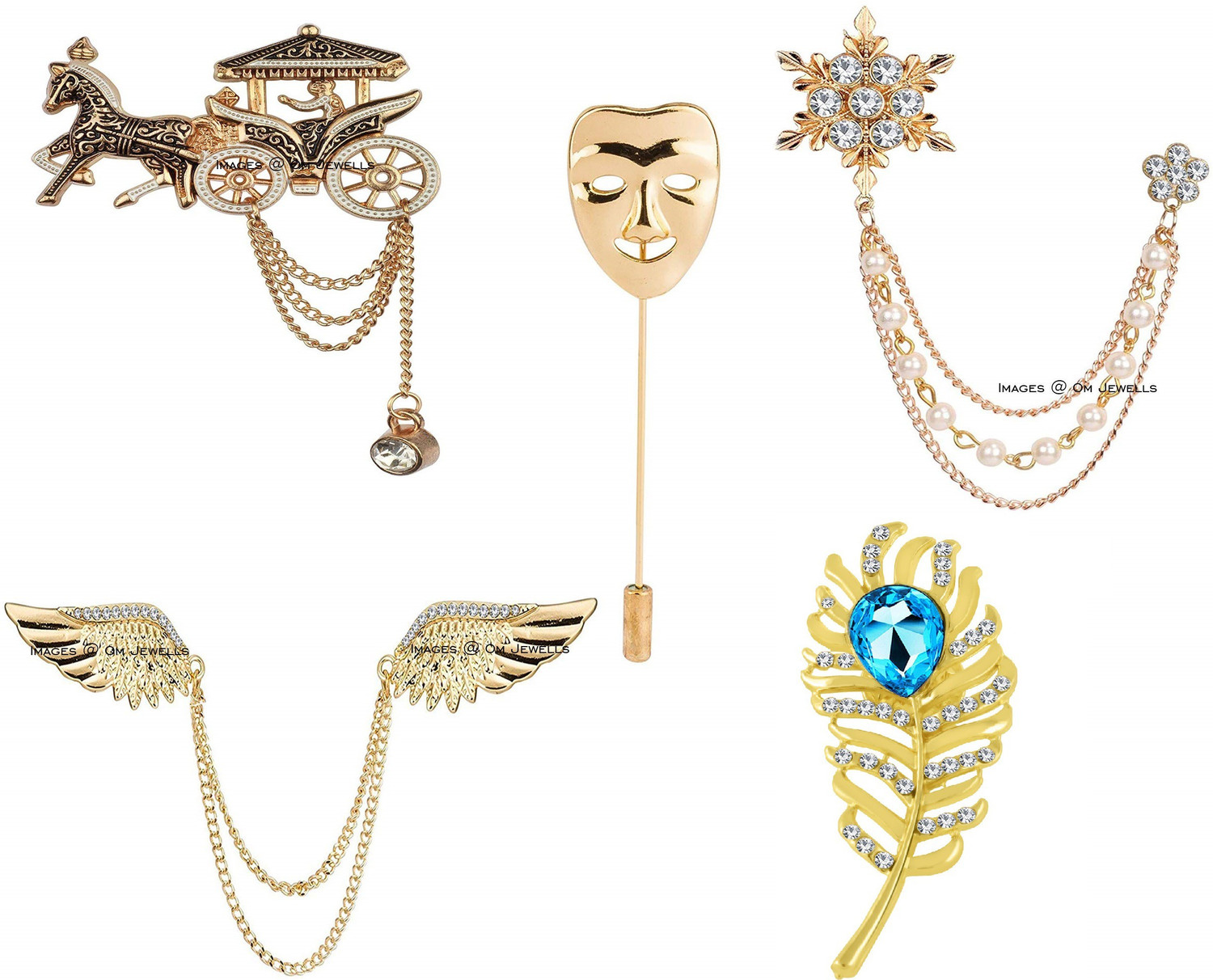 Image of Om Jewells Men's Indo Fashion Jewellery Combo Set of 5 Lapel Pin Brooch Emblished with White and Blue Crystal Stones for Boys and Men Brooch