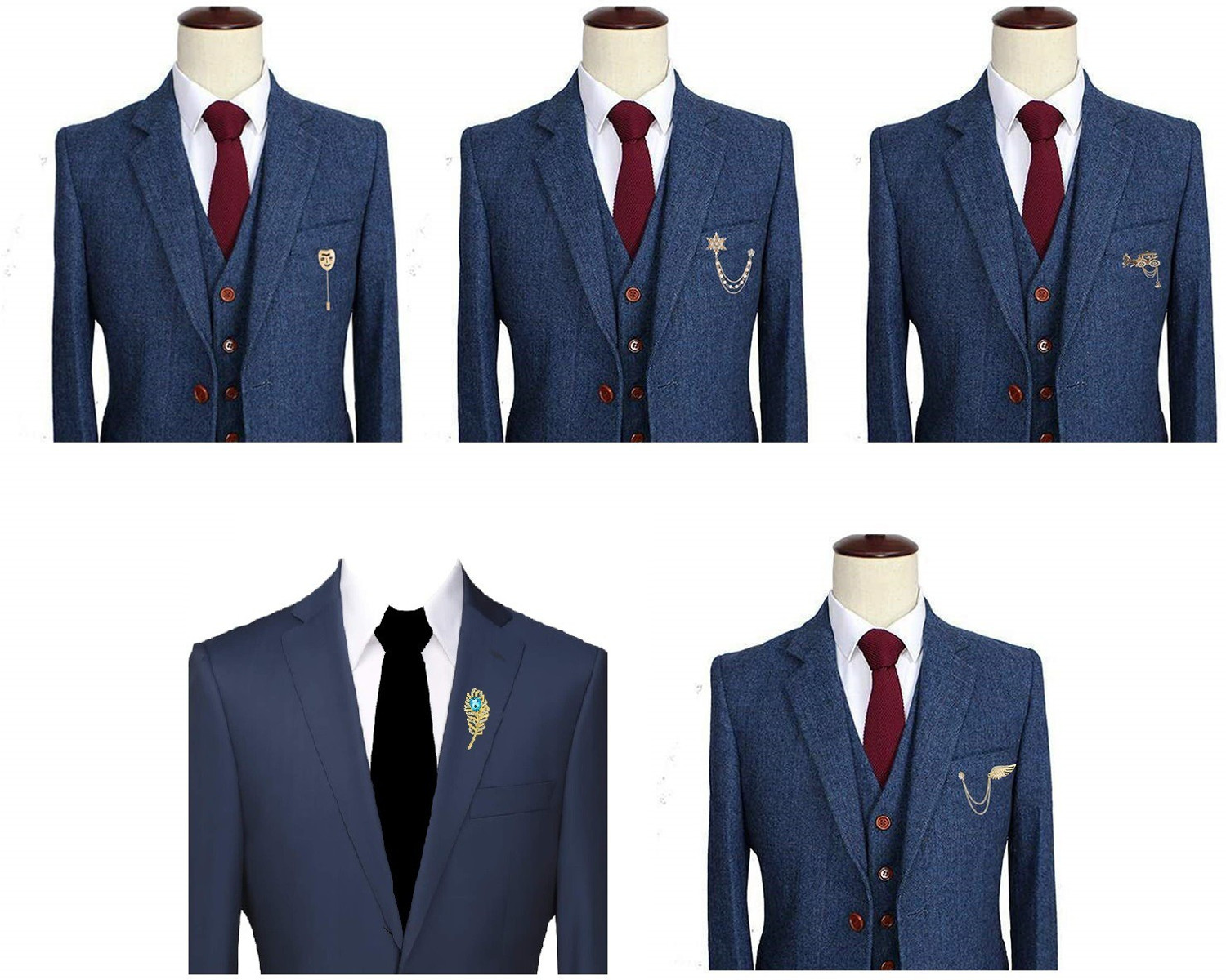 Image of Om Jewells Men's Indo Fashion Jewellery Combo Set of 5 Lapel Pin Brooch Emblished with White and Blue Crystal Stones for Boys and Men Brooch