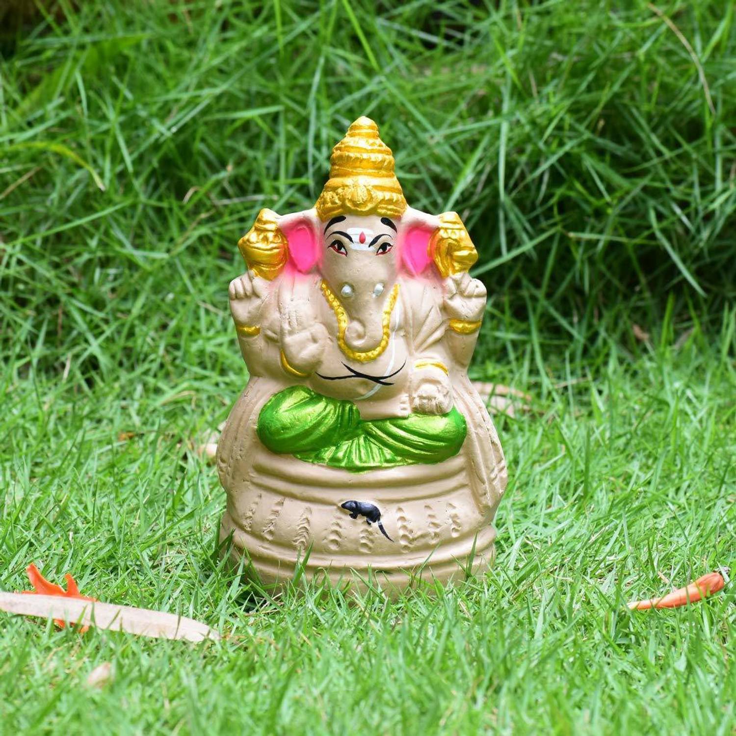 Puja N Pujari Eco Friendly Clay Ganesh Idol for Ganesh Chaturthi Green Color 6" Inch Decorative Showpiece - 16 cm