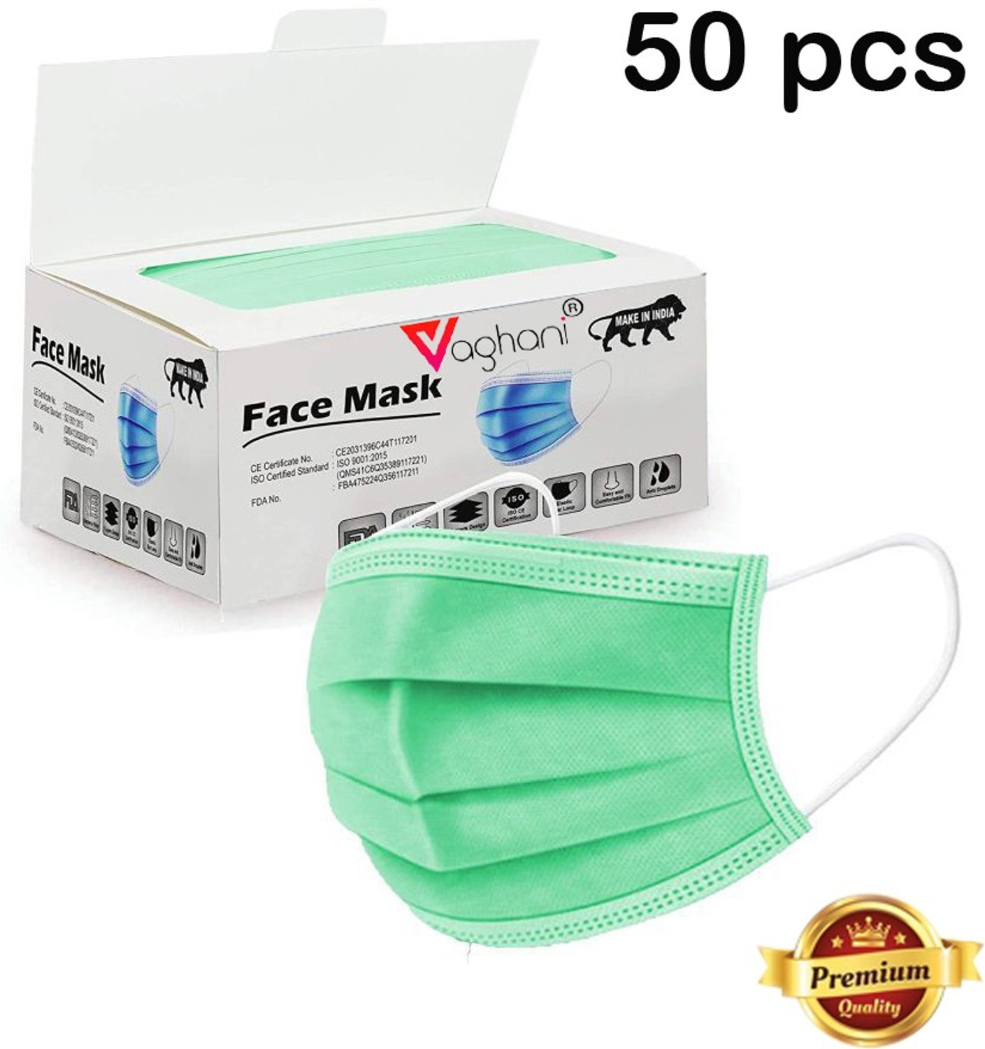 Image of Vaghani 3 Ply Surgical Mask (50 Pcs ) ( Green ) ( With Pin ) Surgical Mask With Melt Blown Fabric Layer