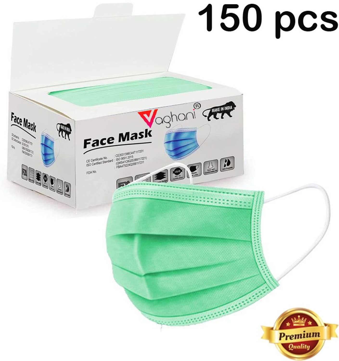 Image of Vaghani Vaghani 150 Units Disposable 3 Ply Surgical Face Mask With Thick Melt Blown (SMMS) Filter, Anti-Virus, Anti-Bacteria, Anti-Pollution Mask with Nose Clip Surgical Mask With Melt Blown Fabric Layer Surgical Mask With Melt Blown Fabric Layer (Green, Free Size, Pack of 150, 3 Ply) 3 Ply Surgical Mask (150 Pcs ) ( Green) ( With Pin ) Surgical Mask With Melt Blown Fabric Layer