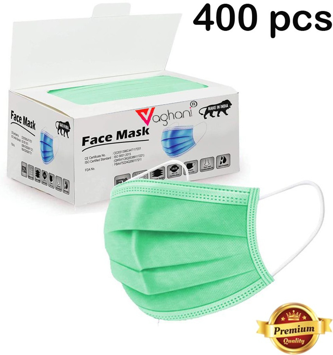 Image of Vaghani 400 Units Disposable 3 Ply Surgical Face Mask With Thick Melt Blown (SMMS) Filter, Anti-Virus, Anti-Bacteria, Anti-Pollution Mask with Nose Clip Surgical Mask With Melt Blown Fabric Layer Surgical Mask With Melt Blown Fabric Layer (Green, Free Size, Pack of 400, 3 Ply) 3 Ply Surgical Mask (400 Pcs ) ( Green ) ( With Pin ) Surgical Mask