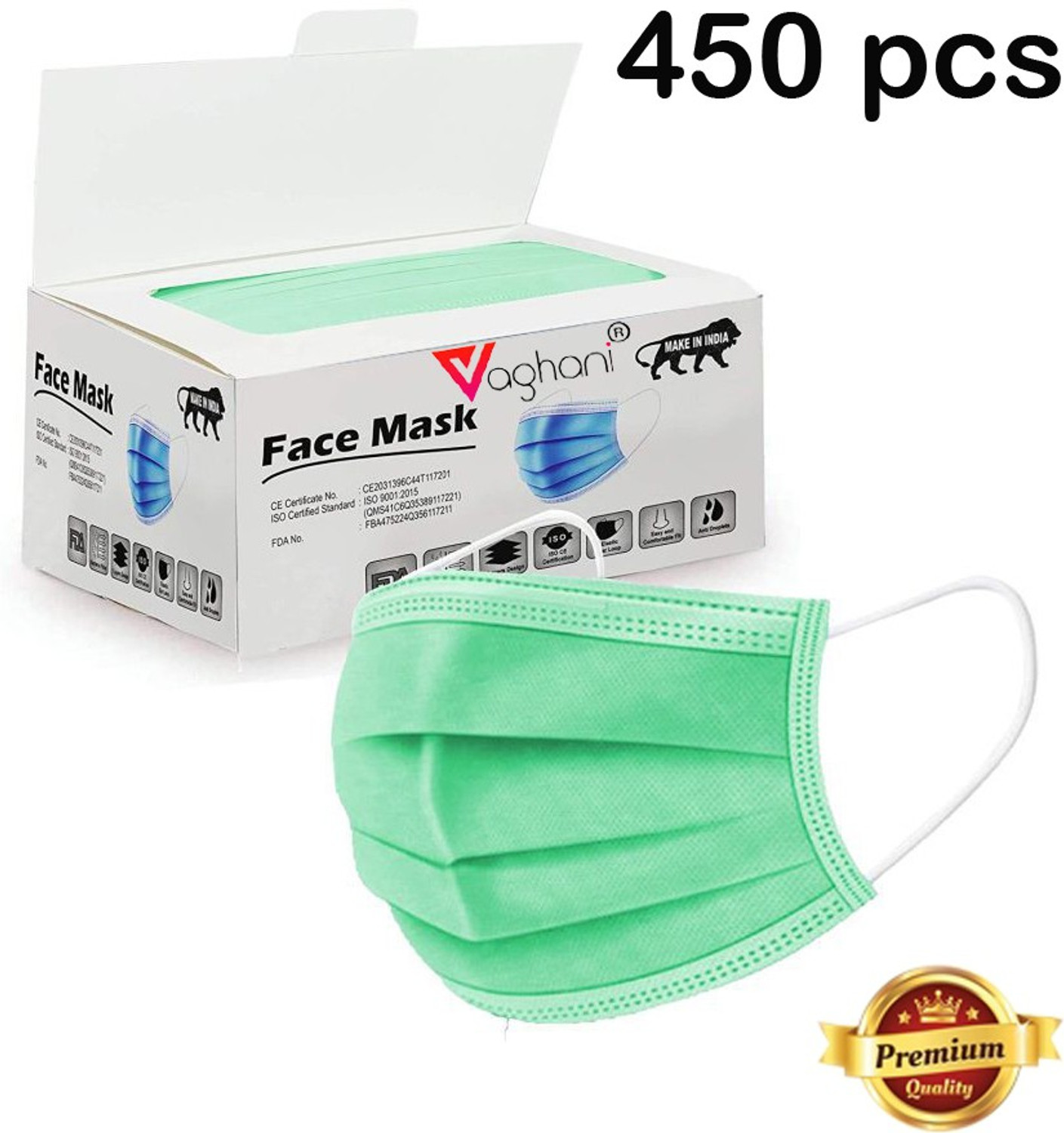 Image of Vaghani 450 Units Disposable 3 Ply Surgical Face Mask With Thick Melt Blown (SMMS) Filter, Anti-Virus, Anti-Bacteria, Anti-Pollution Mask with Nose Clip Surgical Mask With Melt Blown Fabric Layer Surgical Mask With Melt Blown Fabric Layer (Green, Free Size, Pack of 450, 3 Ply) 3 Ply Surgical Mask (450 Pcs ) ( Green) ( With Pin ) Surgical Mask