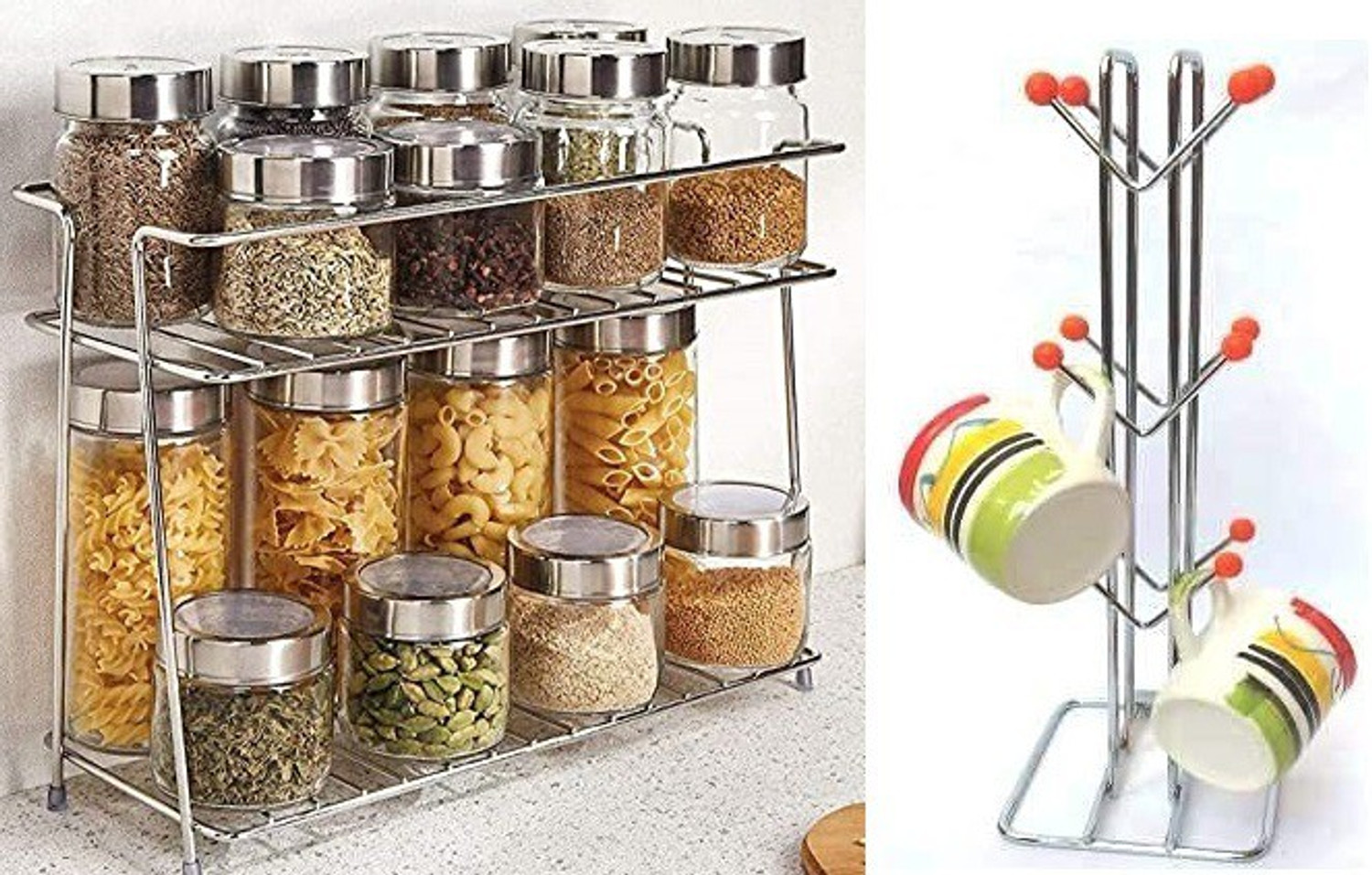Image of Cri8Hub Containers Kitchen Rack Steel Stainless Steel 2-Layer Corner Storage Rack and Spice Container with Big Size Kitchens Stainless Steel V Shape Cup Stand Coffee & Tea Mug Holder 12 Hooks for Cups (Spice Rack Cup Stand)