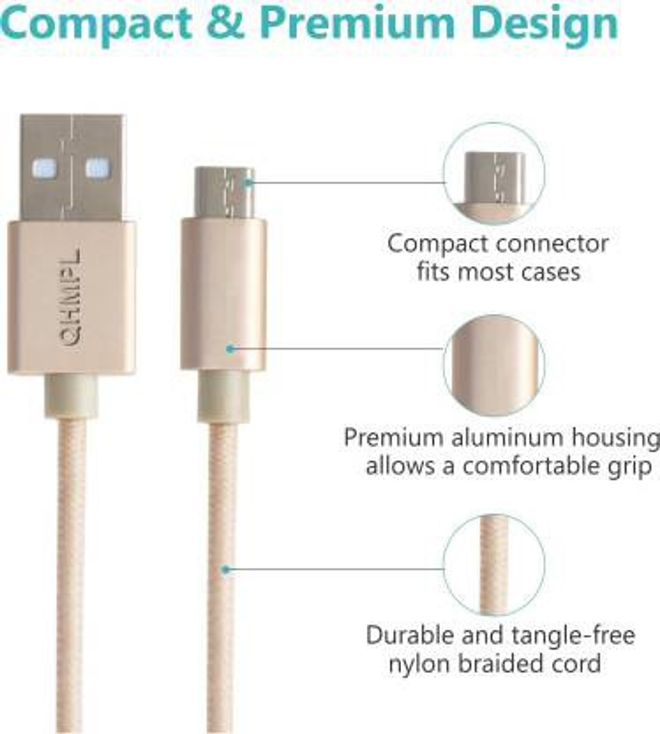 Image of QUANTUM Micro USB Cable 2.4 A 1.5 m Copper Braided S3 1.5m Tough & Durable Nylon Braided 2.4 A 1 m Micro USB Cable (Compatible with Mobiles, Tablets and All USB Charging Devices, Gold, One Cable)