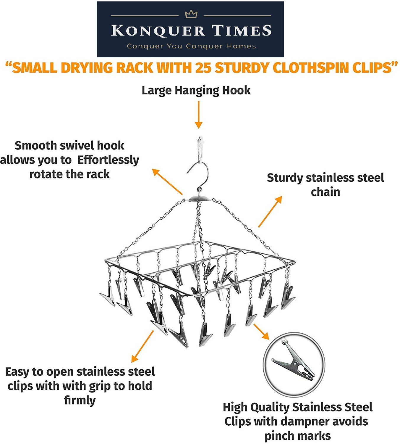 Image of Konquer TimeS 25 Clips Stainless Steel Square Cloth Dryer /Clothes Drying Stand /Hanger with Clips | Baby Cloth Hanger Door Hanger