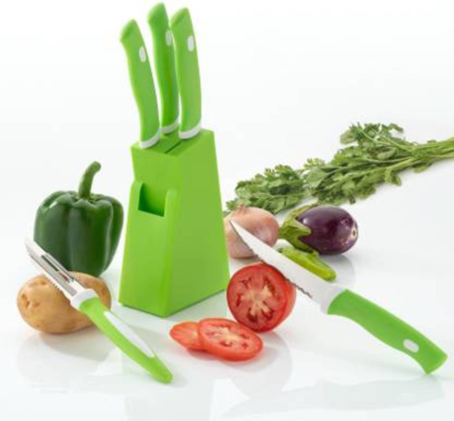 Frekich Plastic Stand With 4 Knief Set & 1 Peeler Women's 1st Choice Kitchen Utility 5 Knife & 1 Peeler With High Quality Plastic Stand (Green) Green Kitchen Tool Set (Green) Kitchen Tool Set — Kitchen Tools & Gadgets