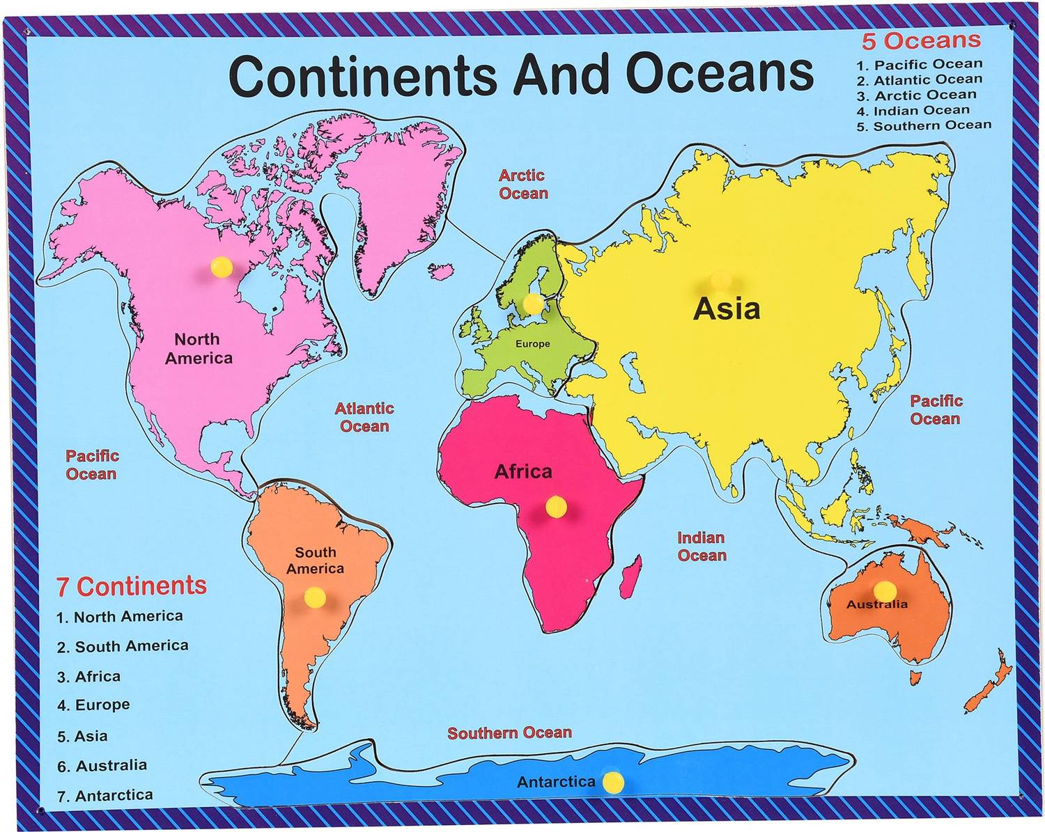 Ashmi Wooden Knowledge Continents and Oceans Map Jigsaw Puzzle with Knobs Educational & Learning Tray Puzzle Board Game for Boys and Girls, Kids