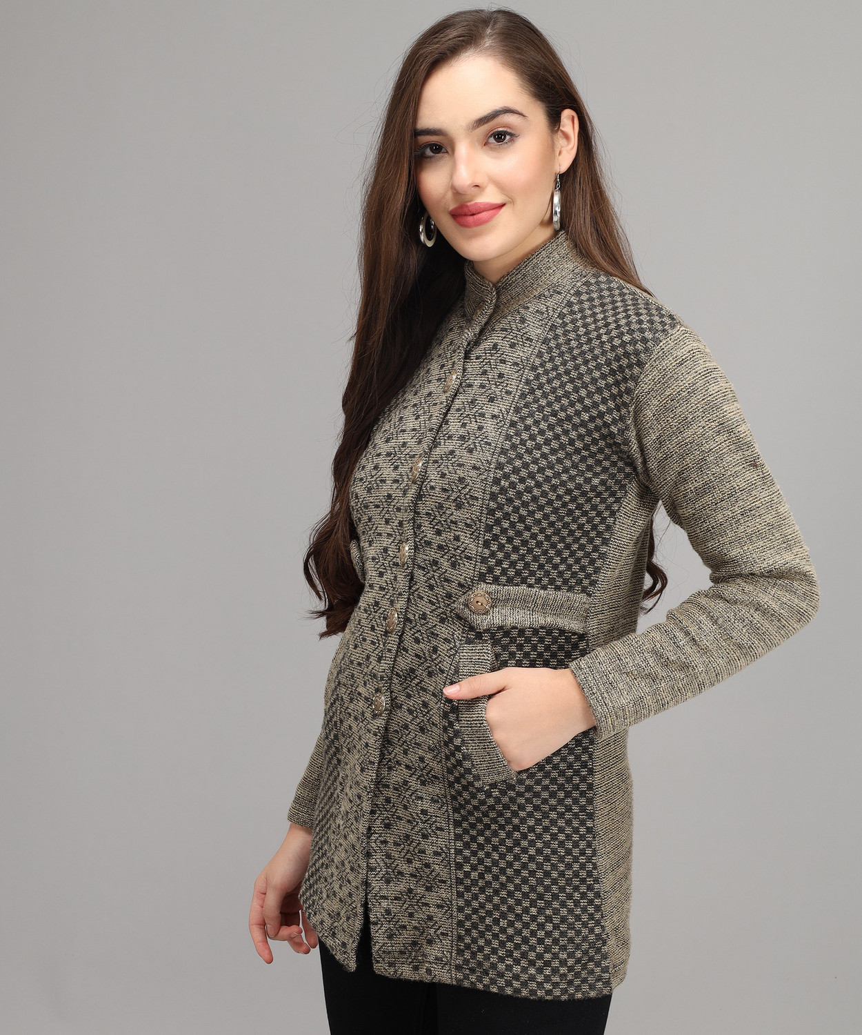 Image of Divastri Printed High Neck Casual Women Beige Sweater
